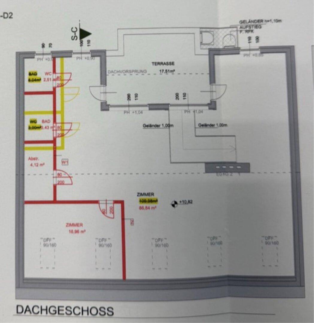 Grundriss des Dachgeschosses mit Terrasse, Zimmern und Bädern.