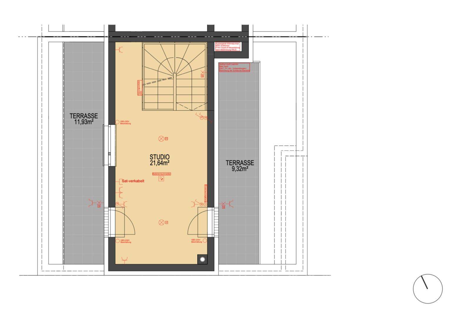 Grundriss des Dachgeschosses mit einem Studio und zwei zugänglichen Terrassenbereichen.