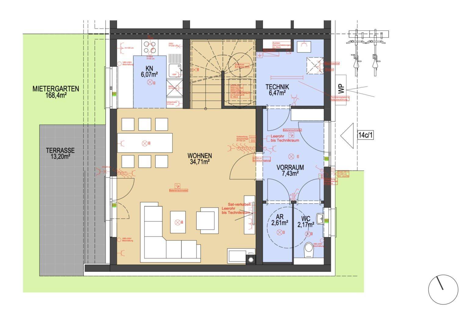 Grundriss des Erdgeschosses mit offenem Wohnbereich, Küche, Terrasse und privatem Mietergarten.