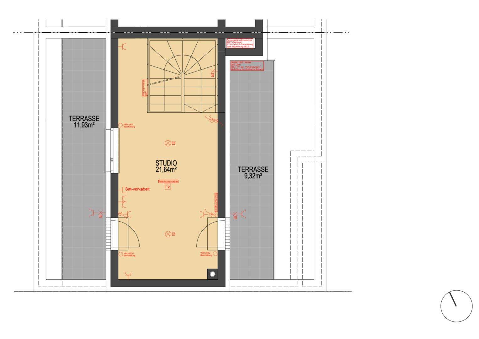 Grundriss des Dachgeschosses mit einem Studio und zwei großzügigen Terrassenbereichen.