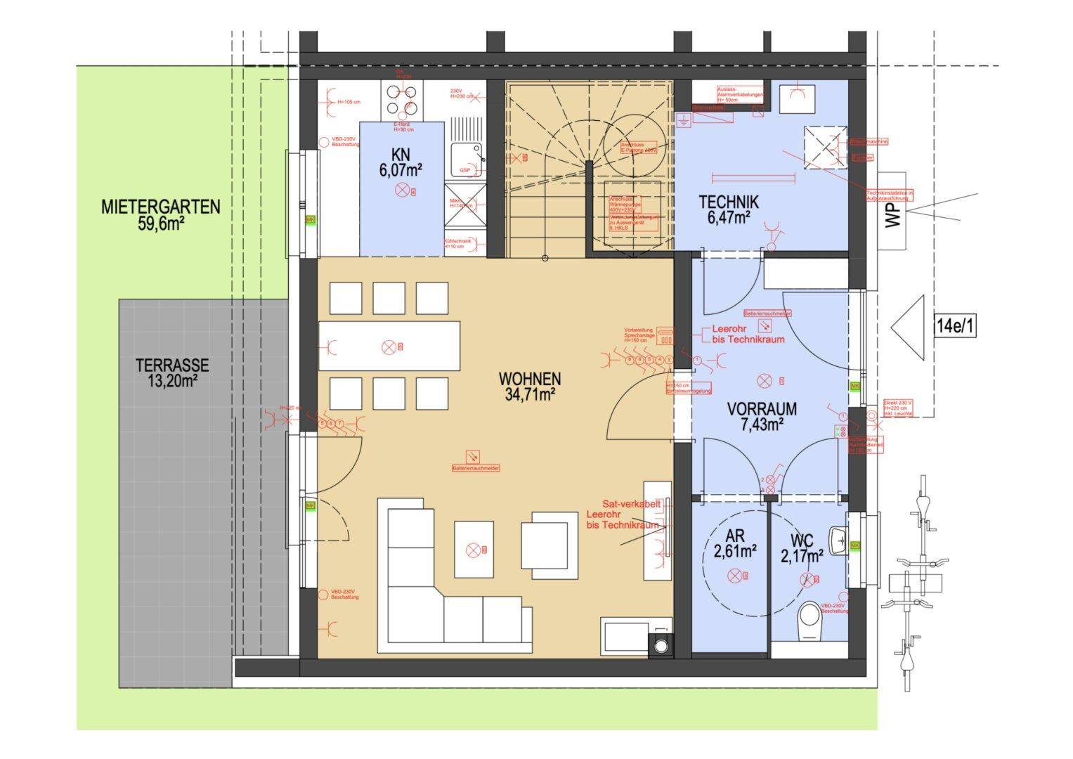 Grundriss des Erdgeschosses mit offenem Wohnbereich, Küche, Terrasse und Garten.