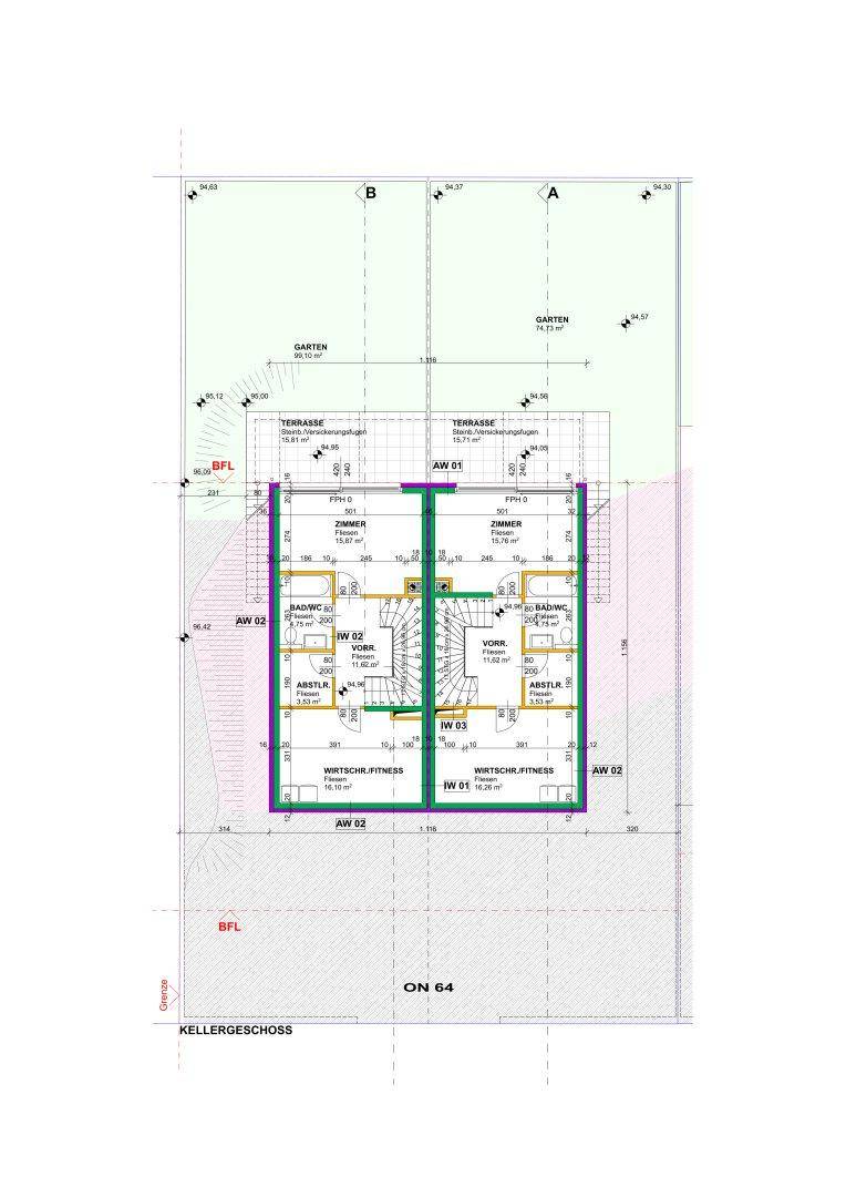 Grundriss des Kellergeschosses mit zwei Wohneinheiten, jeweils mit Wirtschafts-/Fitnessraum, Abstellraum und Bad/WC.