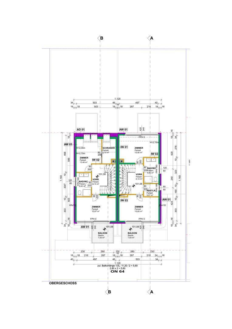 Grundriss des Obergeschosses mit zwei Wohneinheiten, jeweils mit zwei Schlafzimmern, Bad/WC und Balkon.