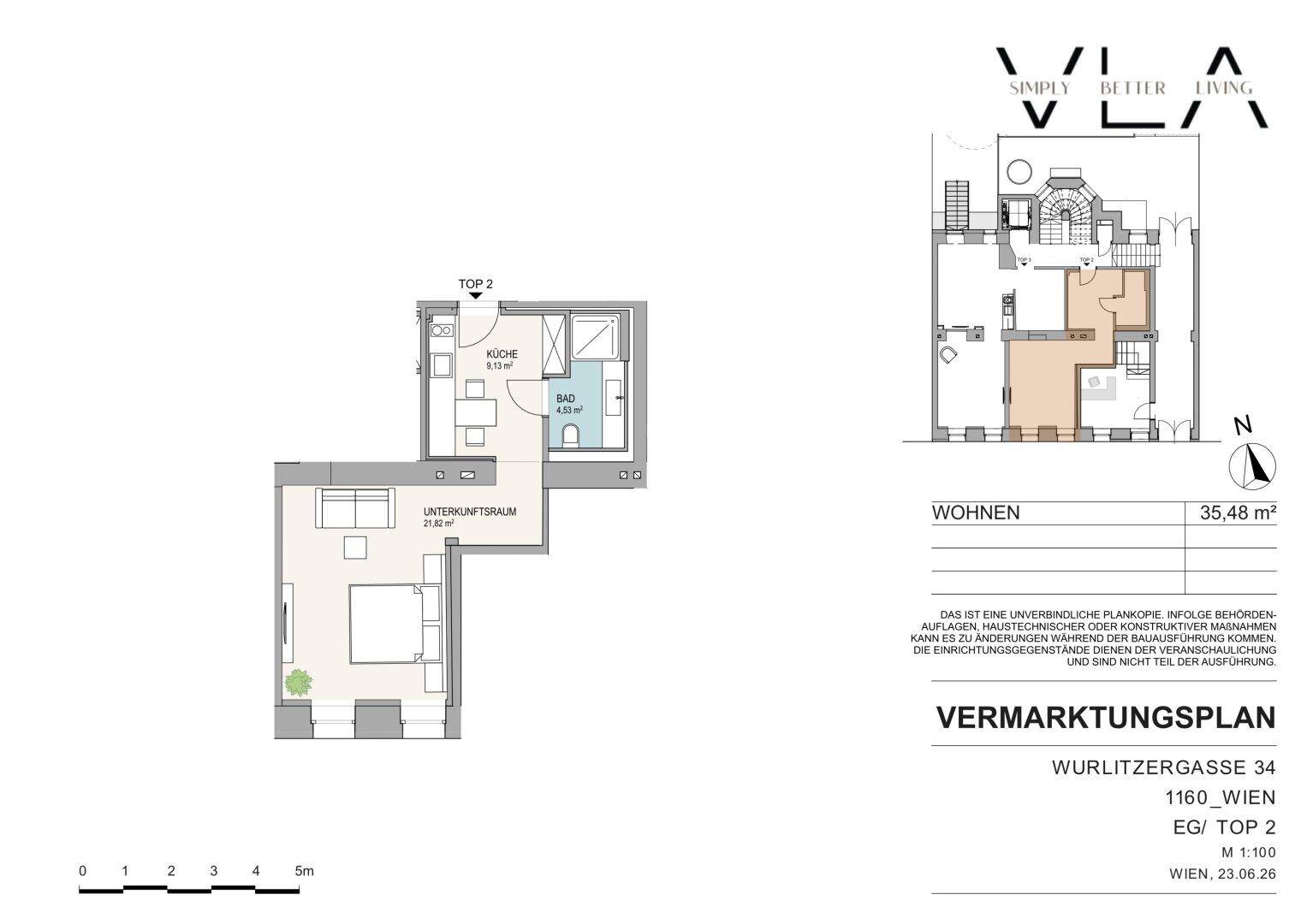 Grundriss der Wohneinheit EG/TOP 2 mit Küche, Bad und Schlafzimmer.