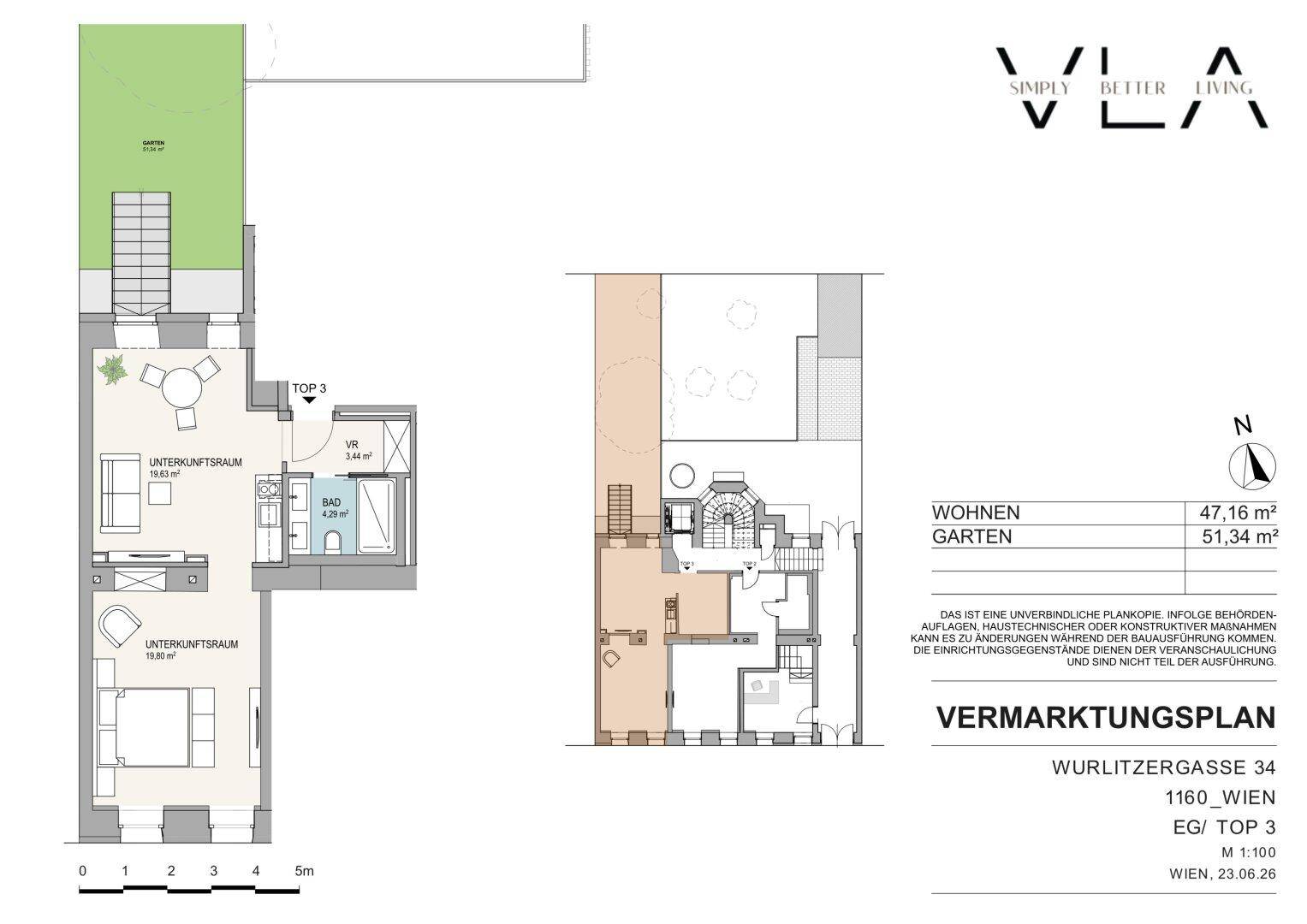 Grundriss der Wohneinheit EG/TOP 3 mit Garten, Wohnbereich und zwei Schlafzimmern.