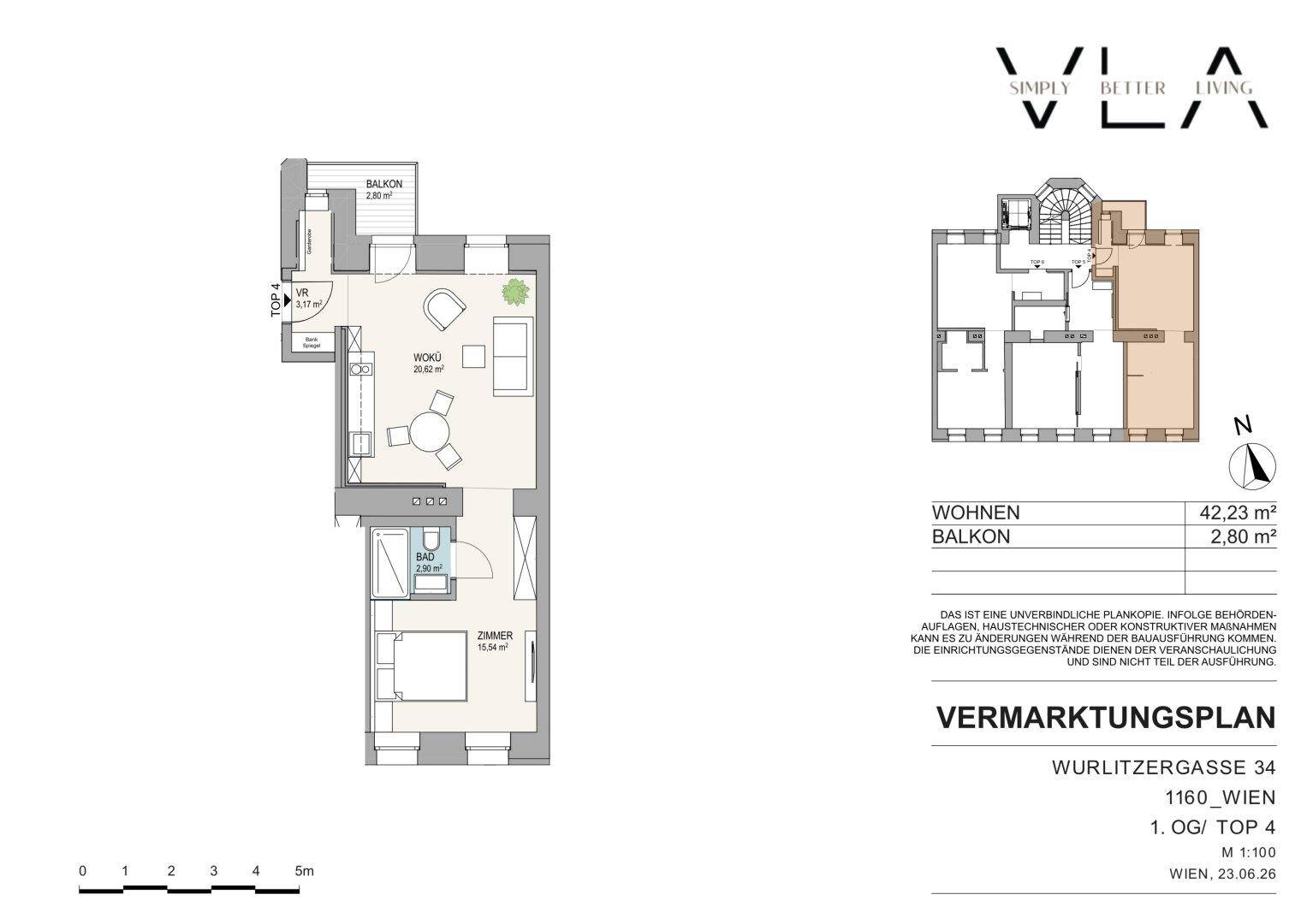 Grundriss der Wohneinheit 1. OG/TOP 4 mit Balkon, Wohnküche und Schlafzimmer.