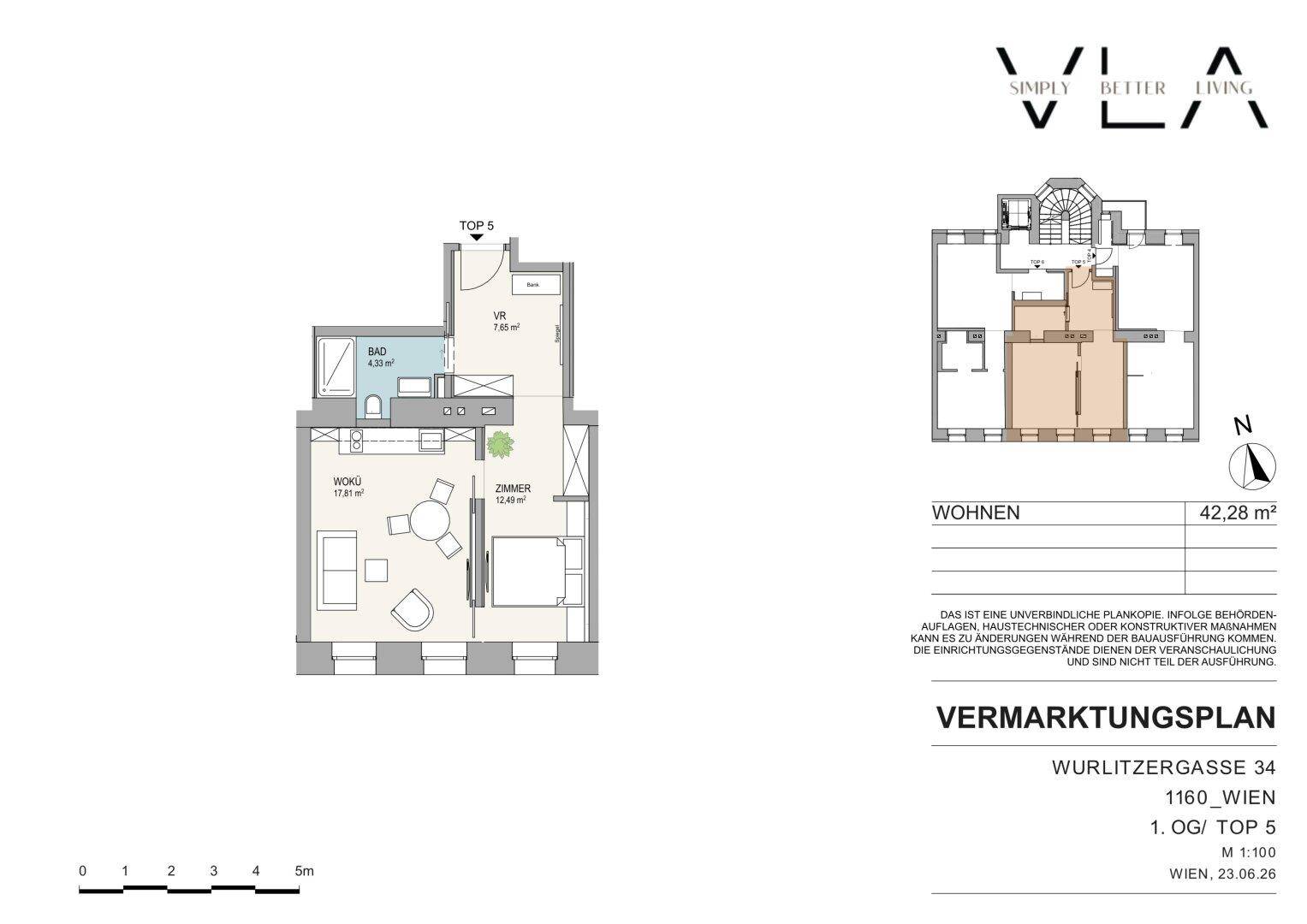 Grundriss der Wohneinheit 1. OG/TOP 5 mit Wohnküche, Schlafzimmer und Bad.