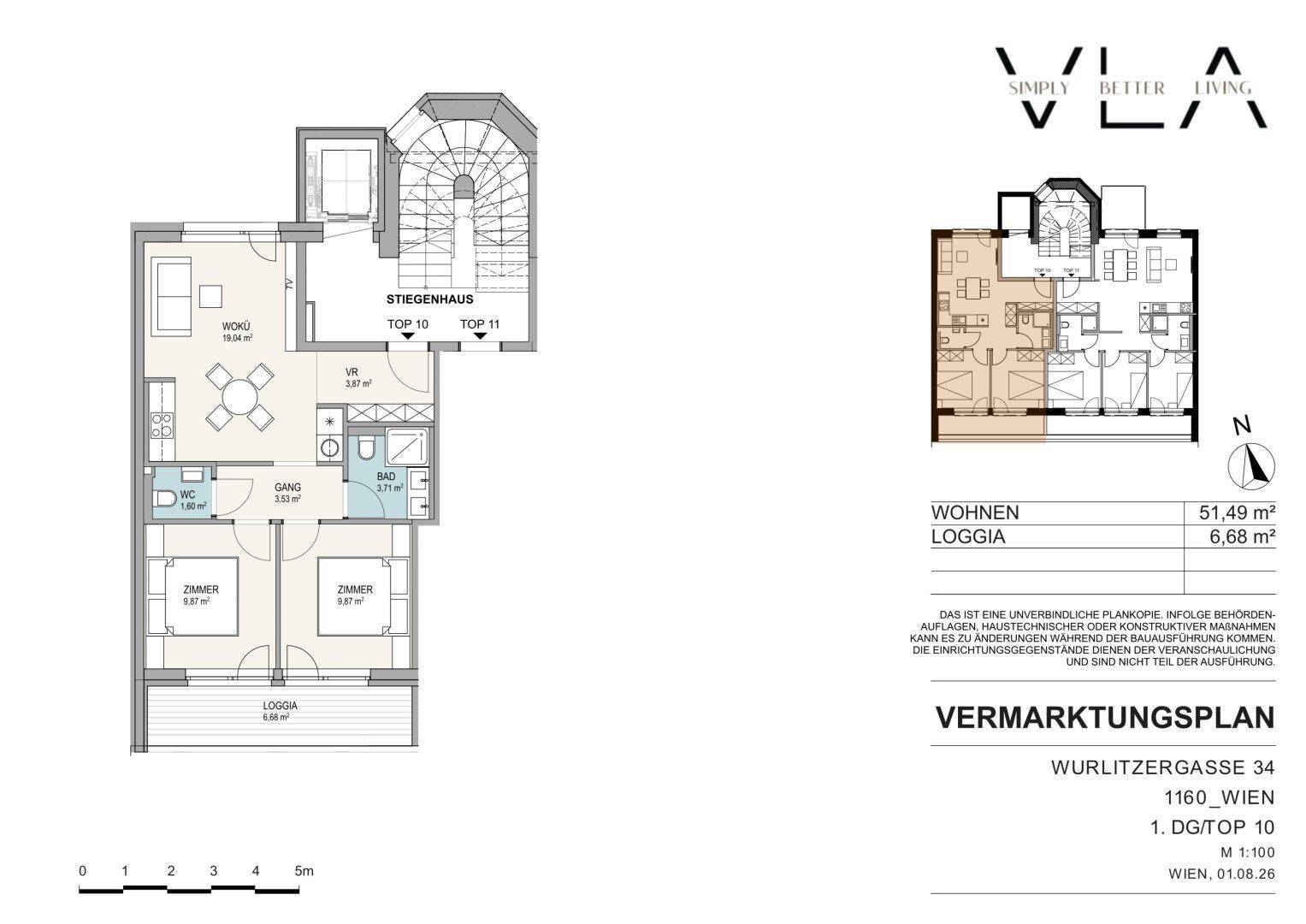 Grundriss der Wohneinheit 1. DG/TOP 10 mit Loggia, zwei Schlafzimmern und Bad.