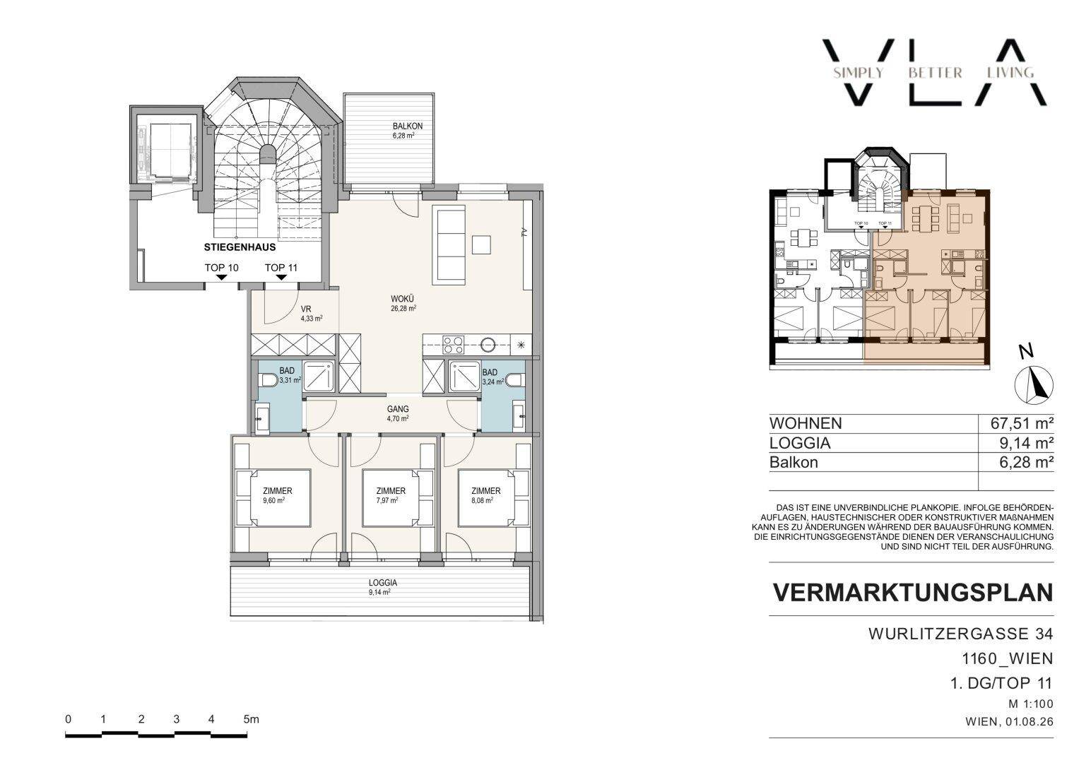 Grundriss der Wohneinheit 1. DG/TOP 11 mit Loggia, Balkon und drei Schlafzimmern.