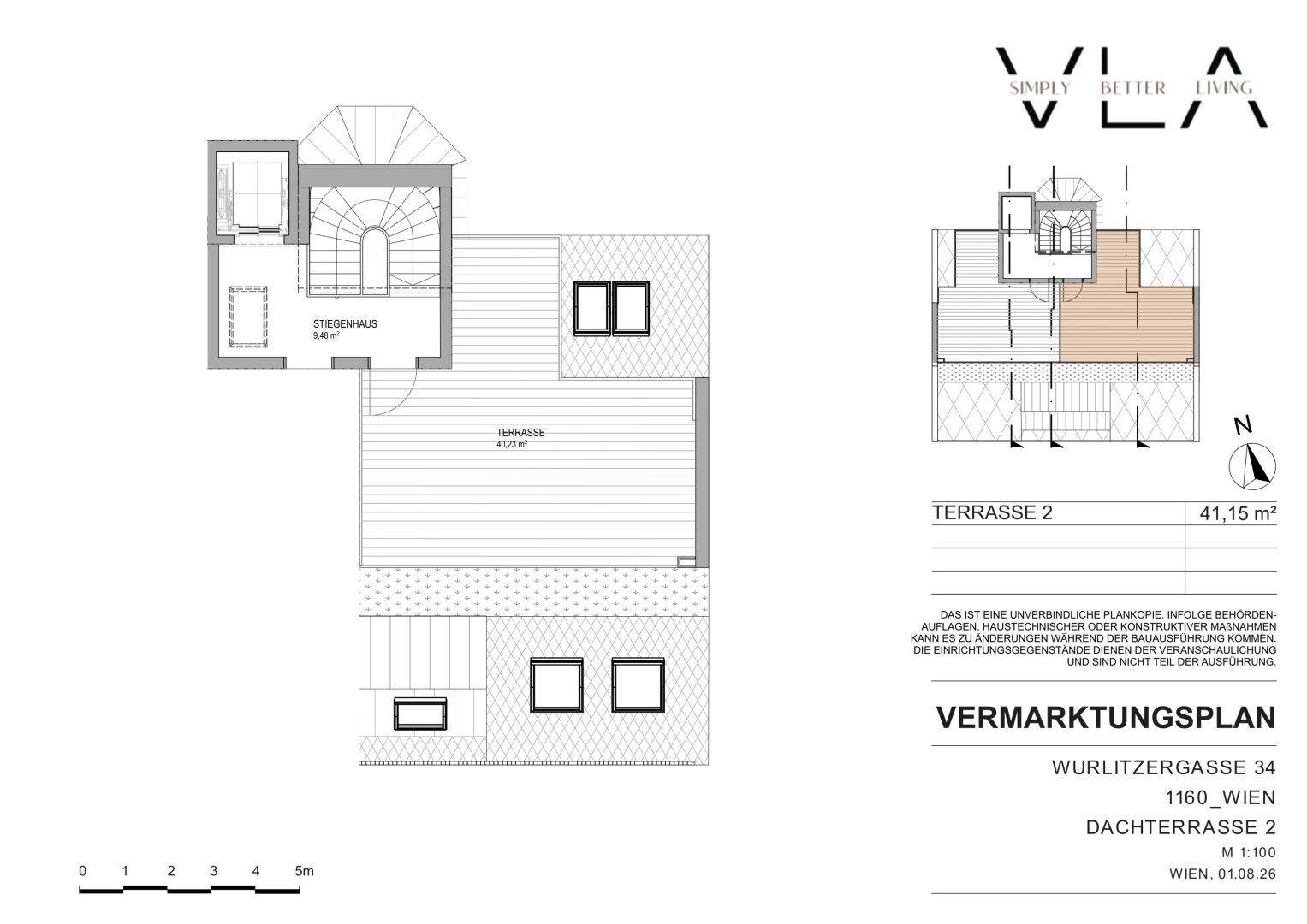 Grundriss der Dachterrasse 2 mit großzügiger Fläche und Zugang zum Treppenhaus.