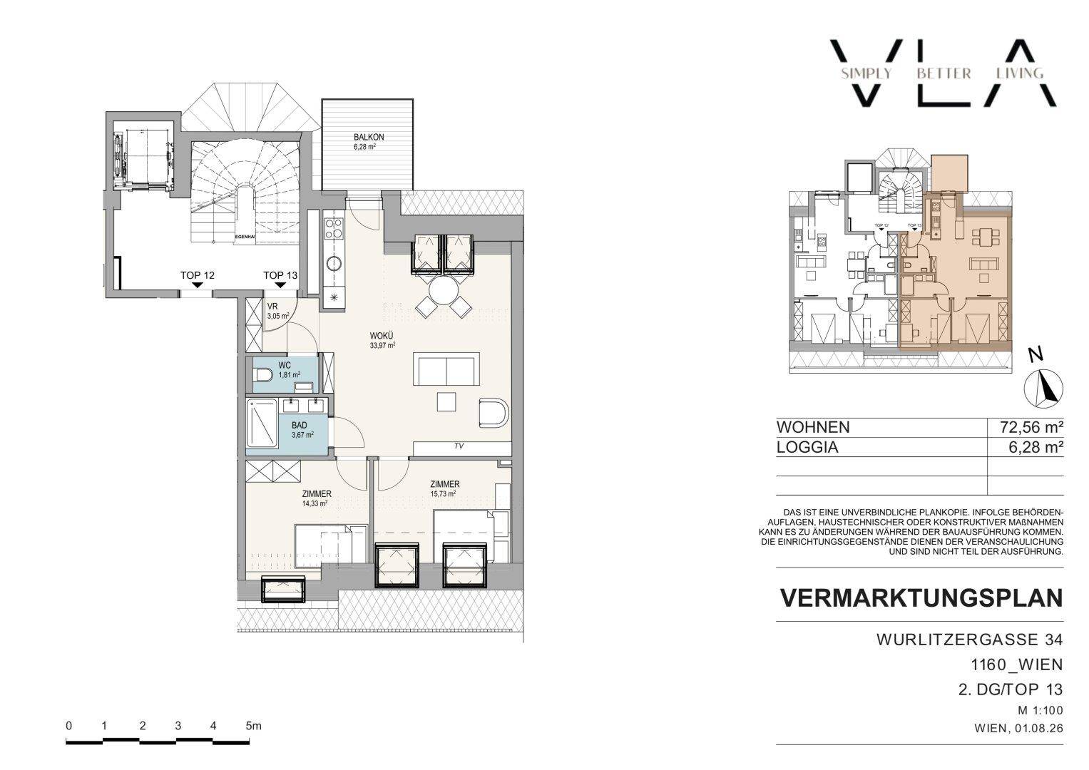Grundriss der Wohneinheit 2. DG/TOP 13 mit Balkon, Loggia und drei Schlafzimmern.