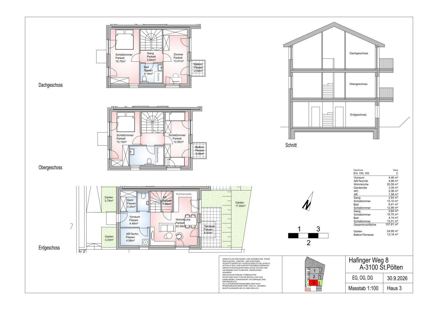 Grundriss eines dreistöckigen Hauses mit Erdgeschoss, Obergeschoss und Dachgeschoss, inklusive Garten, Balkon und Terrasse.