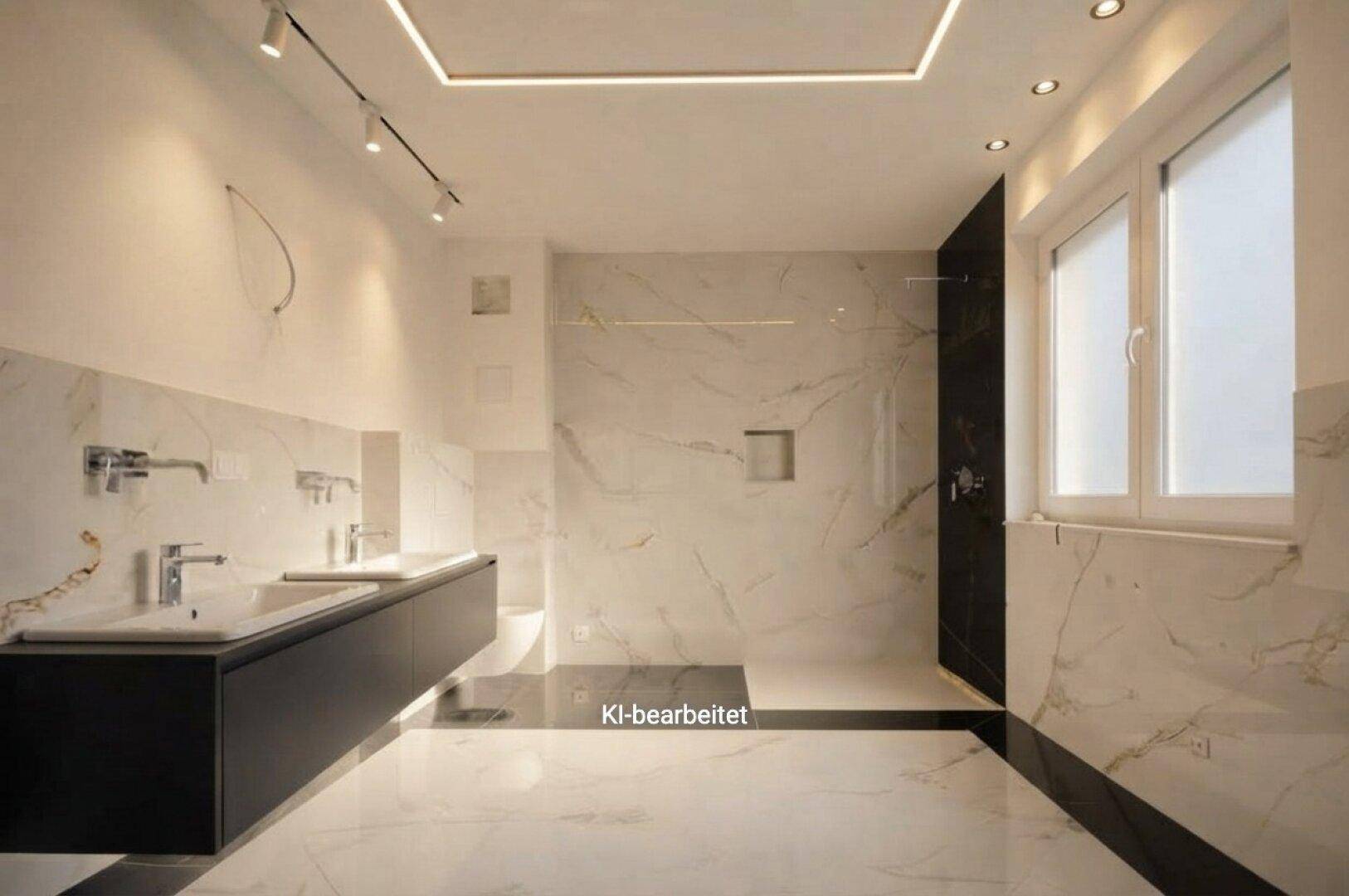 Luxuriöses Badezimmer mit doppelten Waschtischen, großer Dusche und eleganten Marmorfliesen.