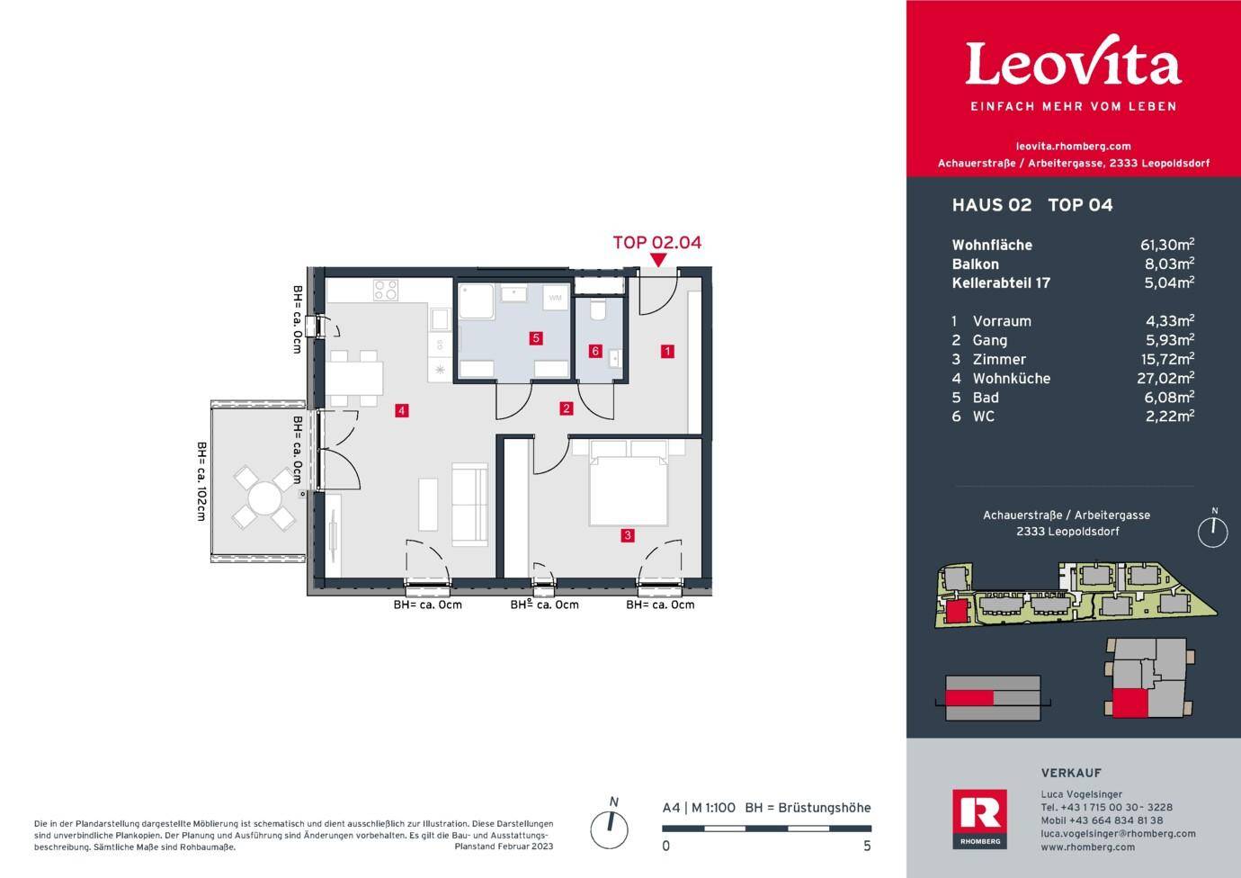 Detaillierter Grundriss einer Wohnung mit Wohnküche, Schlafzimmer und Balkon.