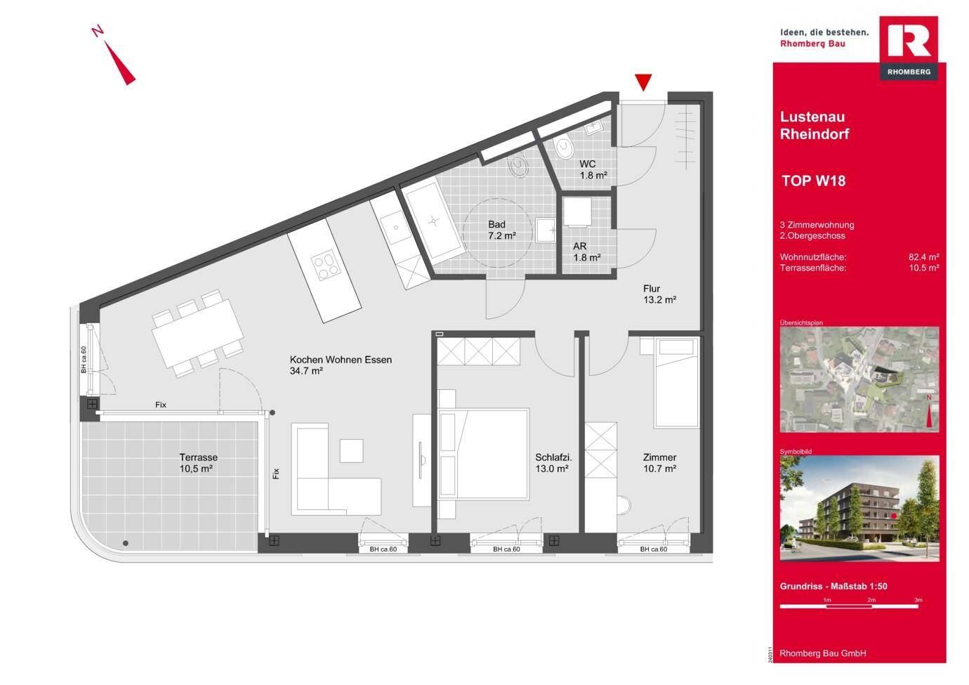 Detaillierter Grundriss mit offenem Wohn-Essbereich, zwei Schlafzimmern und großer Terrasse.