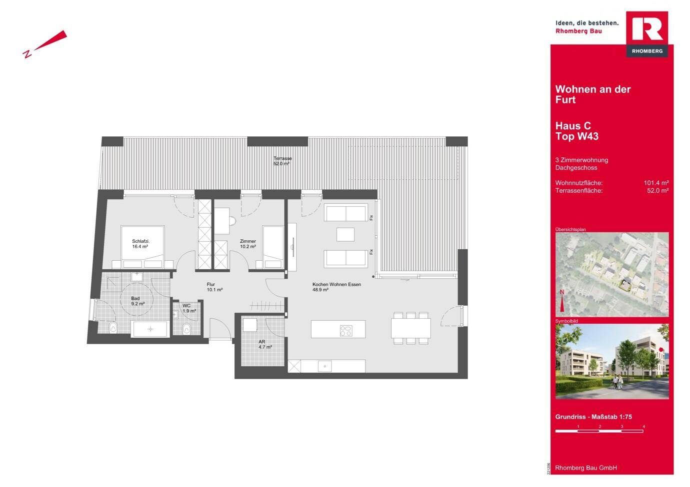 Grundriss einer 3-Zimmer-Wohnung mit großer Terrasse, offenem Wohn-Essbereich und separatem WC.