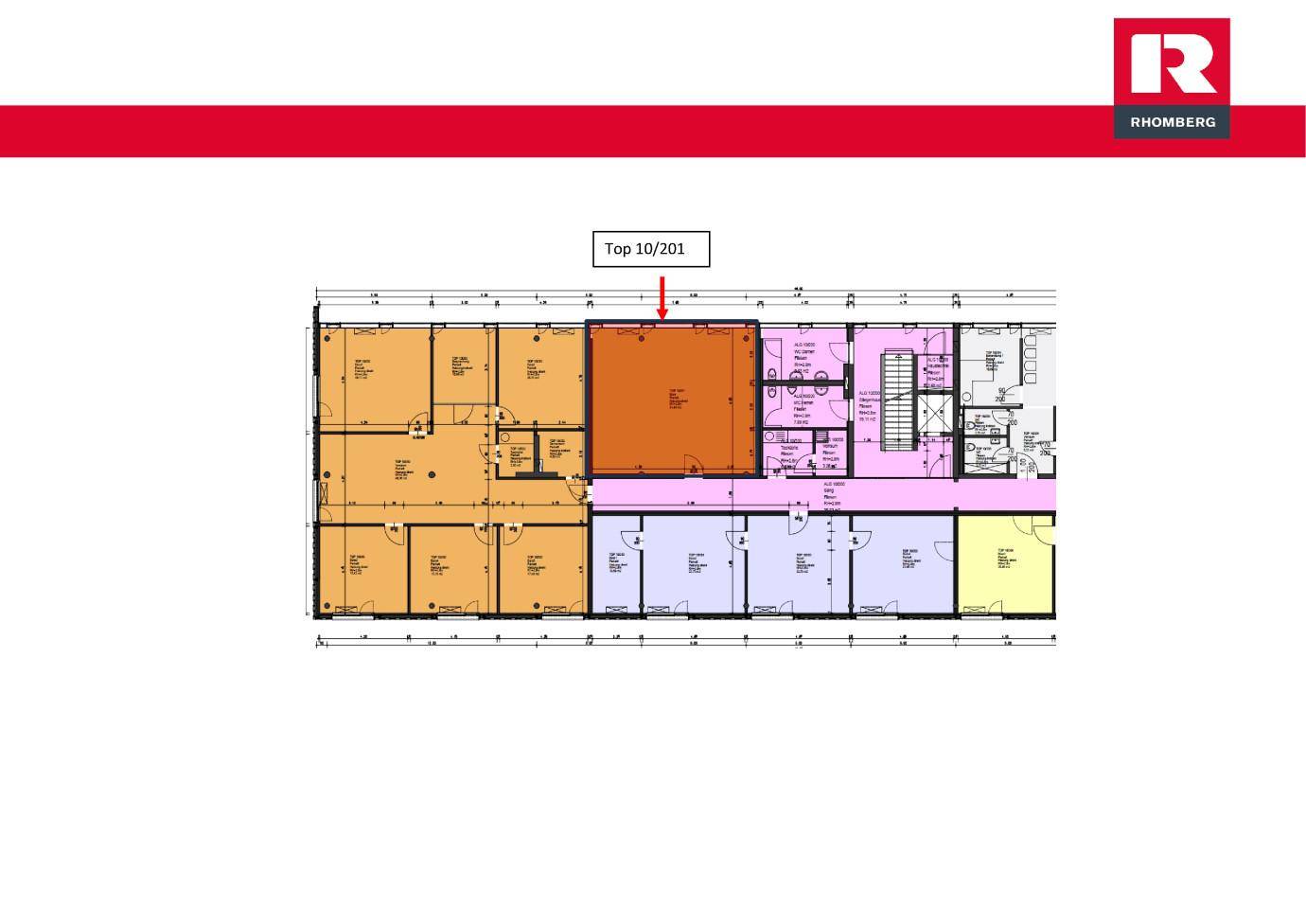Detaillierter Grundrissplan einer Etage mit mehreren Büroeinheiten und Gemeinschaftsbereichen, farblich markiert.