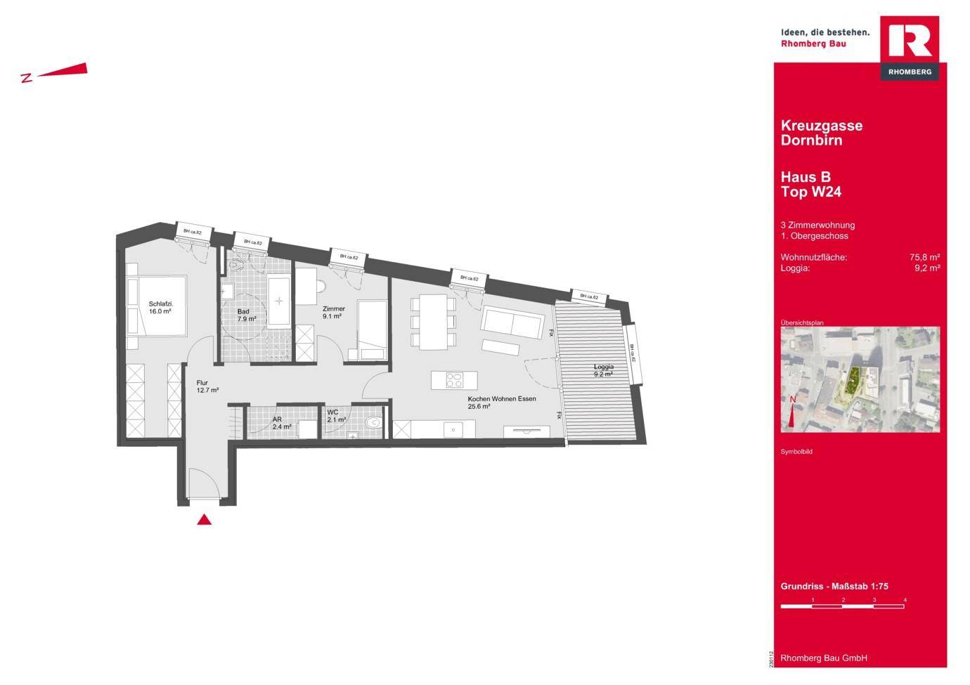 Grundriss einer 3-Zimmer-Wohnung mit offenem Wohnbereich, Loggia und separatem WC.