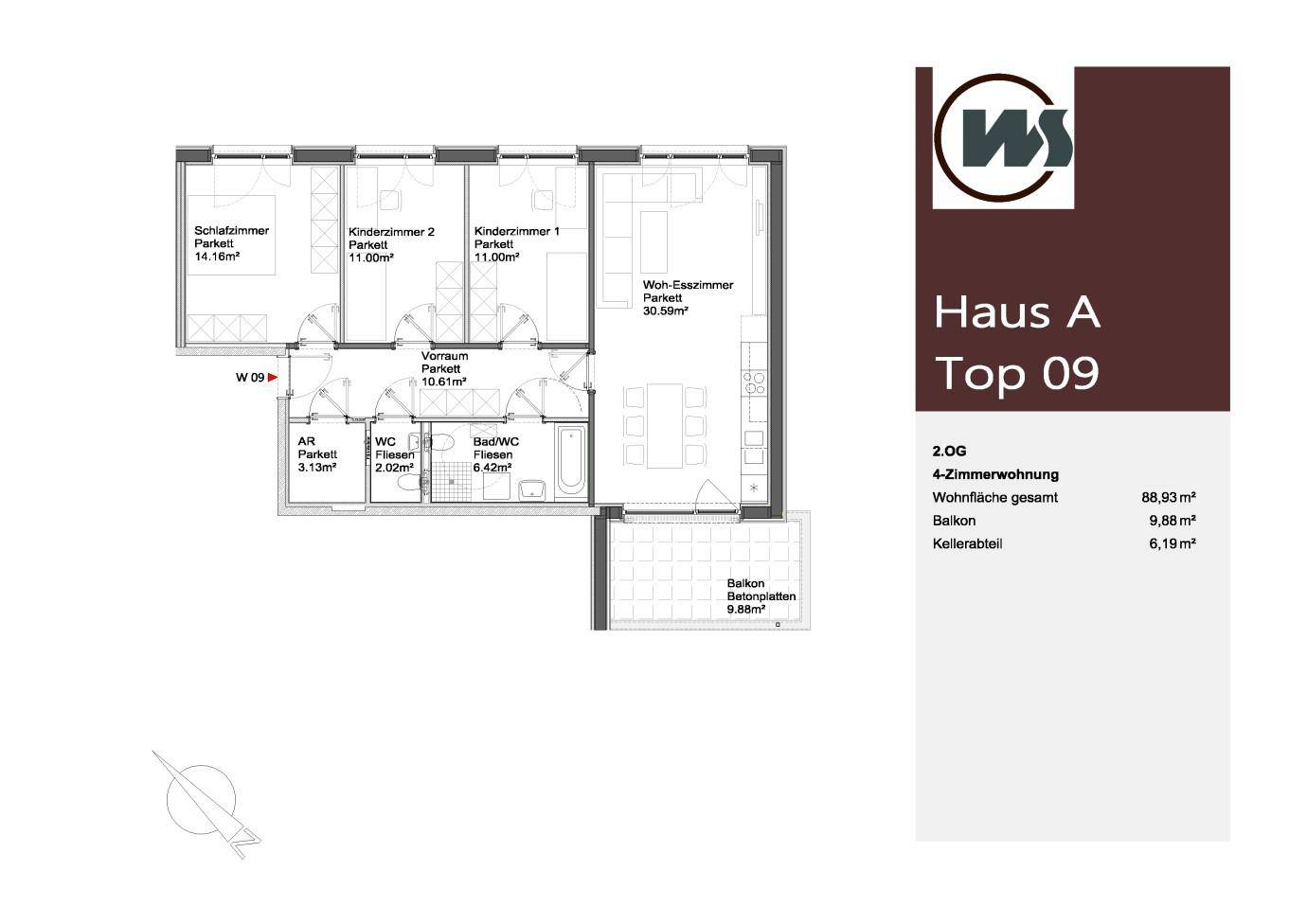 Grundriss der 4-Zimmer-Wohnung Top 09 in Haus A mit Balkon und Abstellraum.