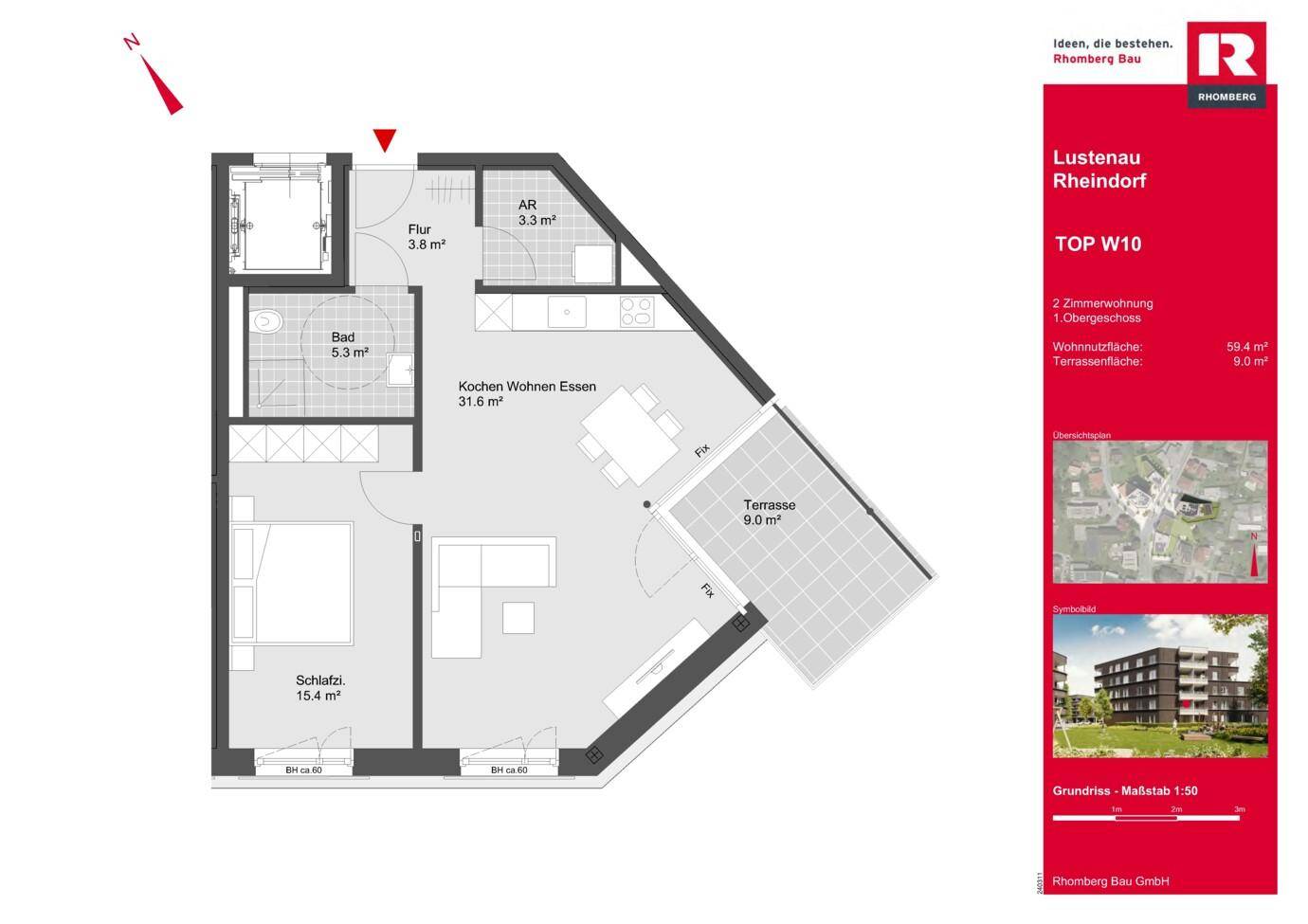 Grundriss einer 2-Zimmer-Wohnung mit offener Küche, Bad, Schlafzimmer und Terrasse.
