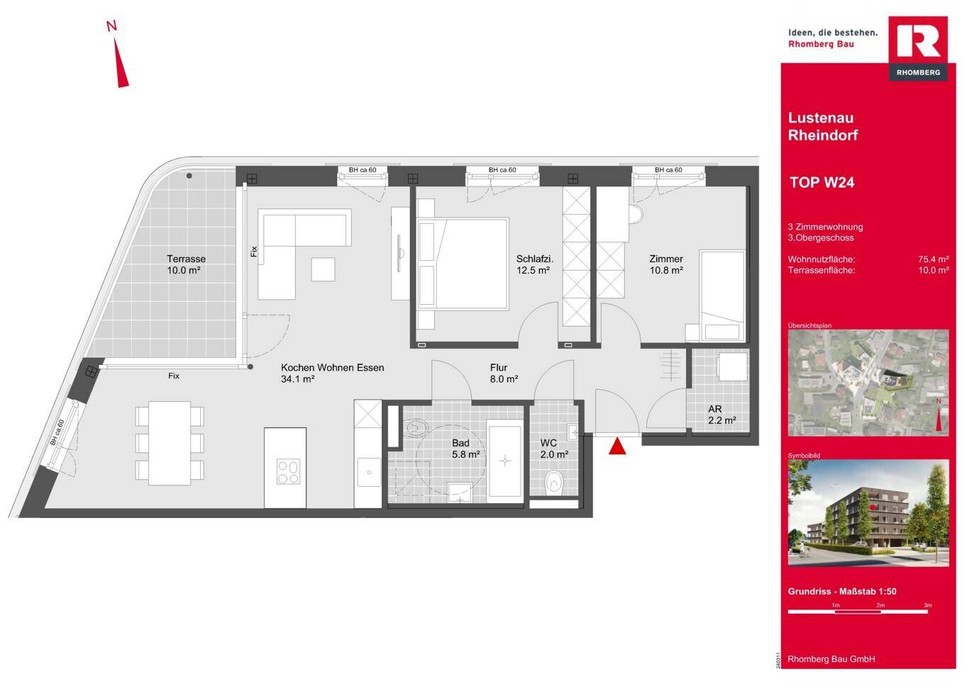 Grundriss einer 3-Zimmer-Wohnung mit offener Küche, Wohnbereich und großer Terrasse.