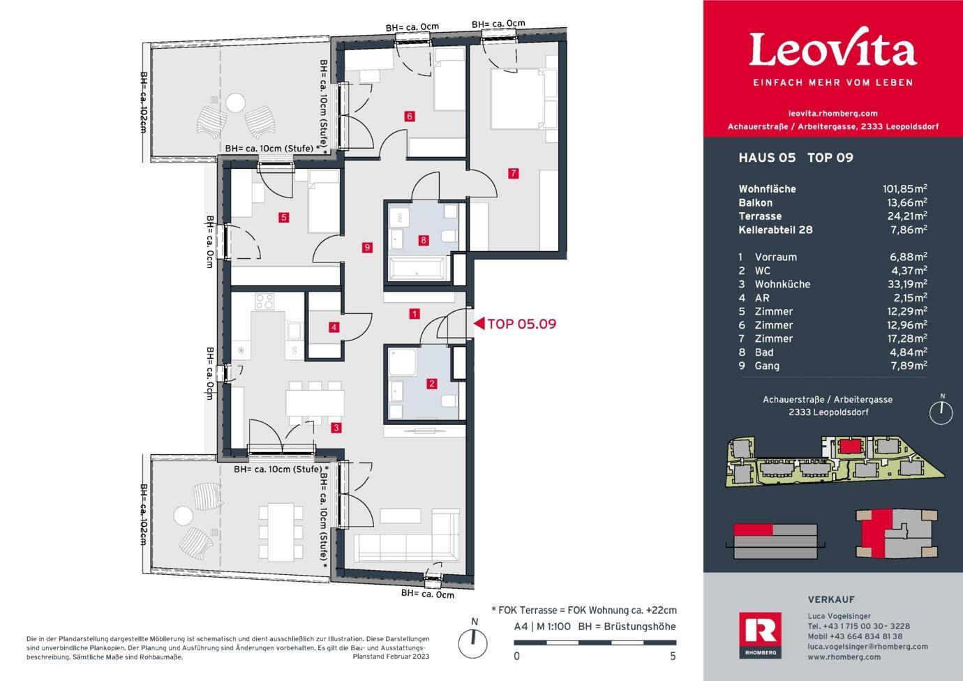 Grundriss der Wohnung TOP 05.09 mit offener Wohnküche, drei Zimmern, zwei Bädern und großzügigen Terrassen.