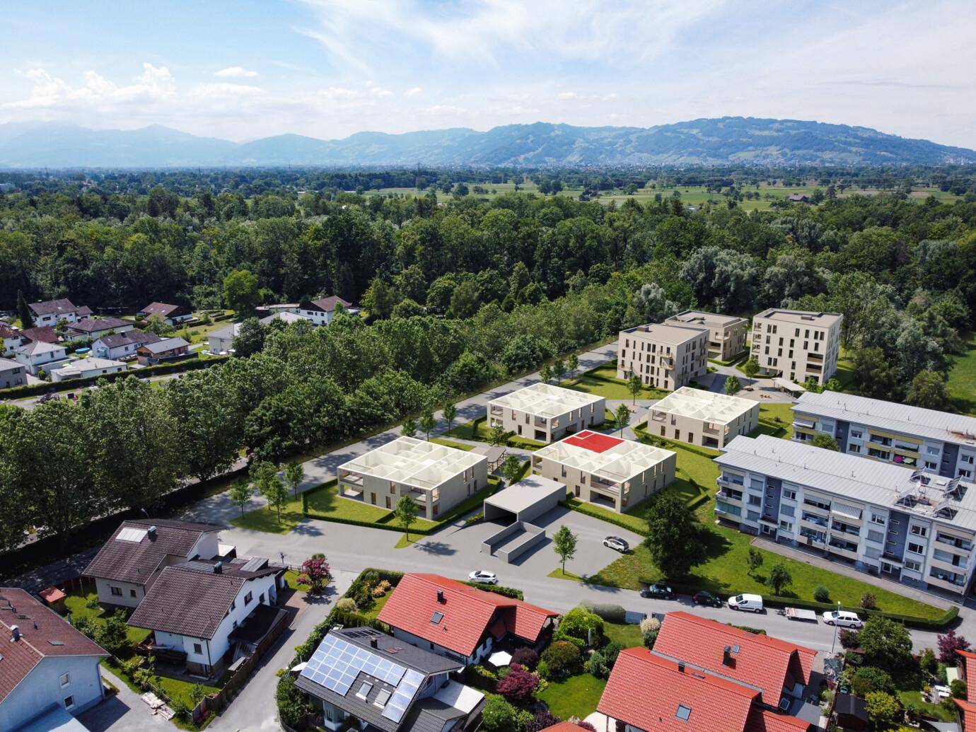 Architektonisches Rendering der Rhomberg Bau Wohnsiedlung mit Neubauten und umliegender Natur und Bergen.