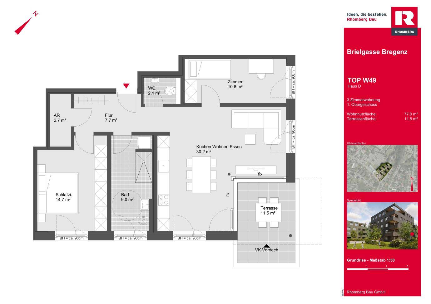 Grundriss einer 3-Zimmer-Wohnung mit offenem Wohn-Essbereich, Schlafzimmer, weiterem Zimmer und großer Terrasse.