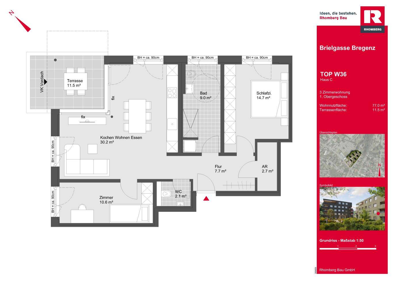 Detaillierter Grundriss einer 3-Zimmer-Wohnung mit offenem Wohnbereich, Terrasse und separatem WC.