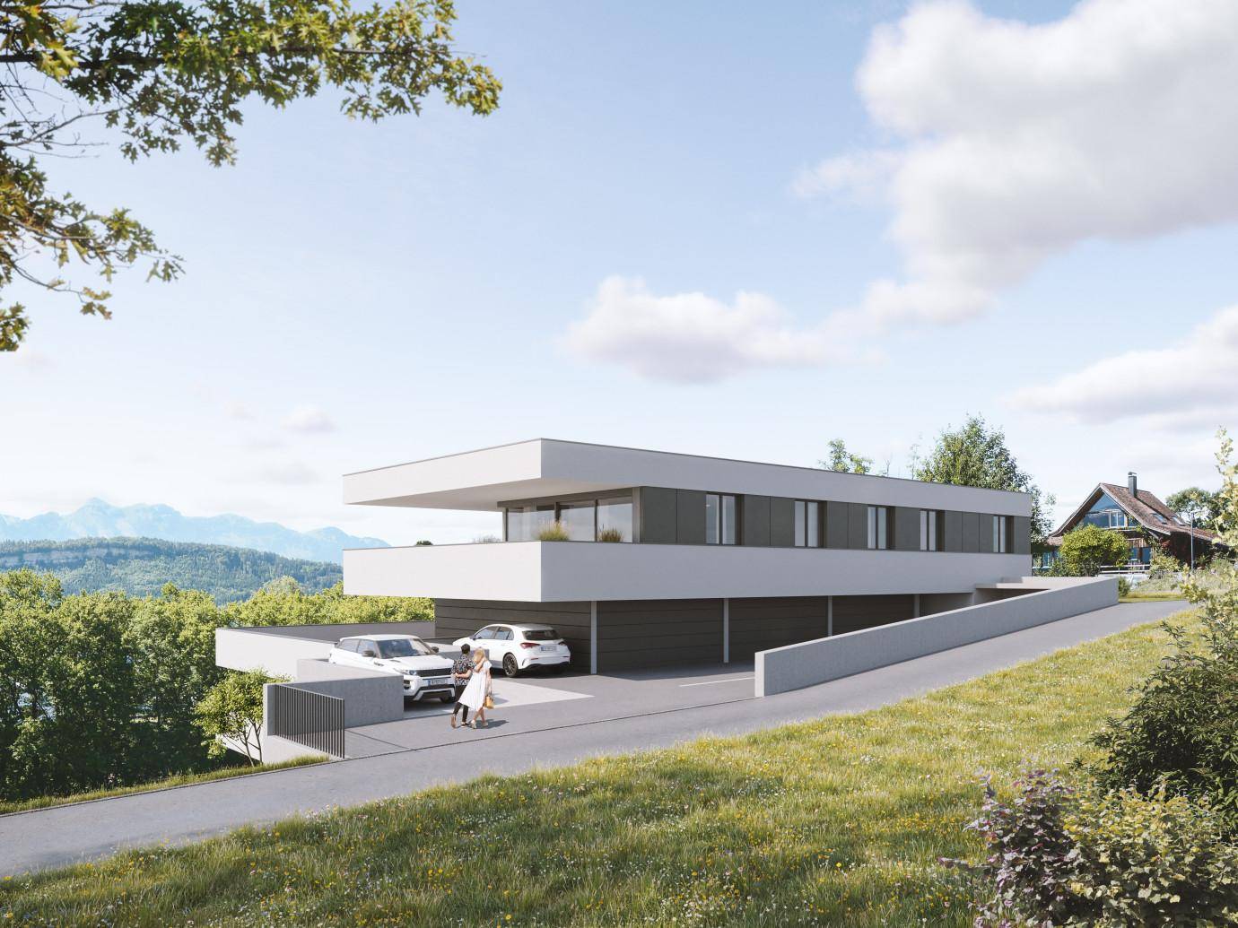 Modernes Gebäude am Rauhenweg mit Tiefgaragenzufahrt, davor parkende Autos und ein Paar