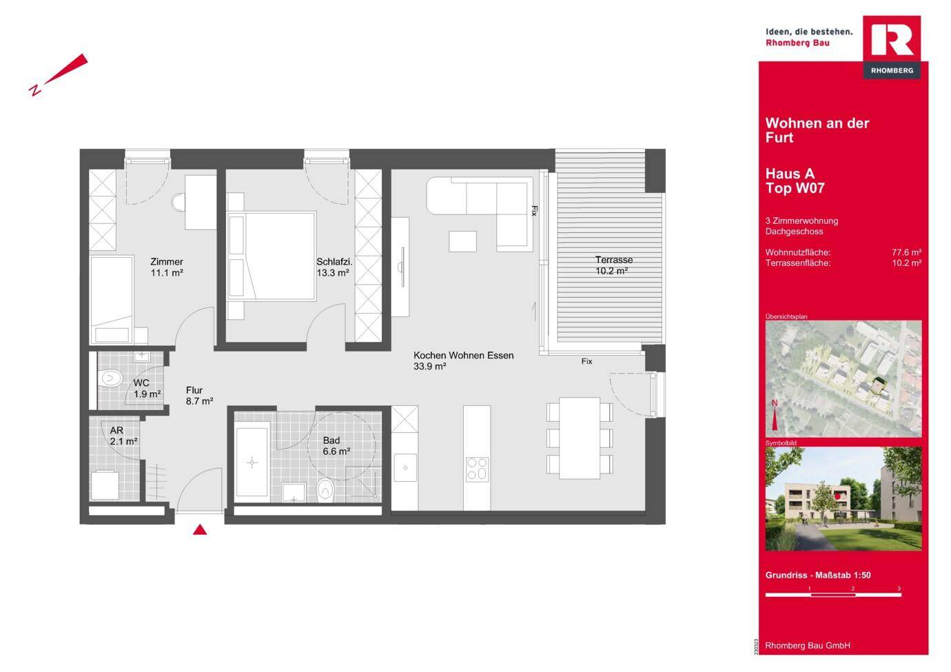 Detaillierter Grundriss einer 3-Zimmer-Wohnung mit offenem Wohnbereich, Schlafzimmer, weiterem Zimmer und großer Terrasse.