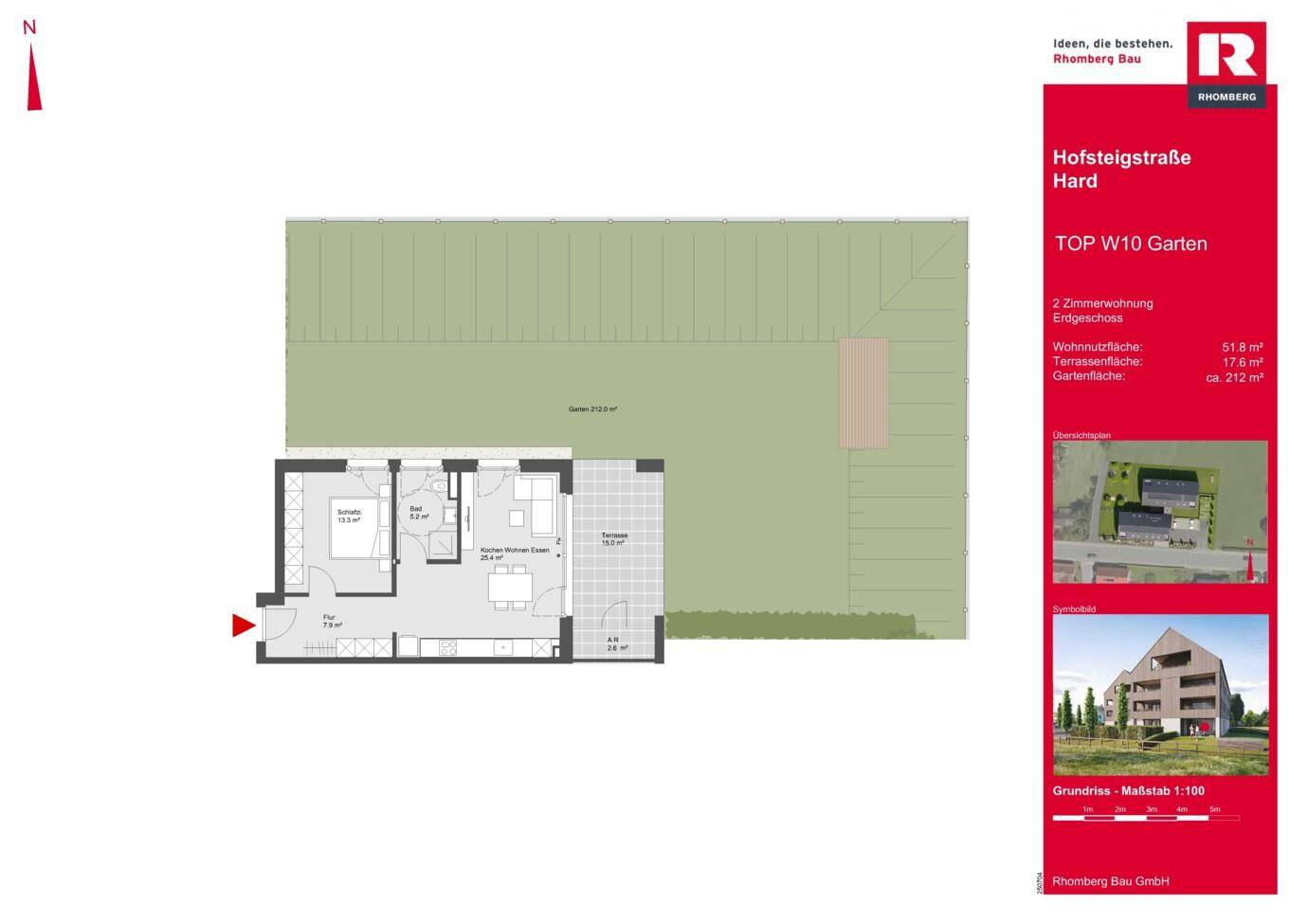 Grundriss einer 2-Zimmer-Wohnung mit offener Küche, Terrasse und großem Gartenanteil.