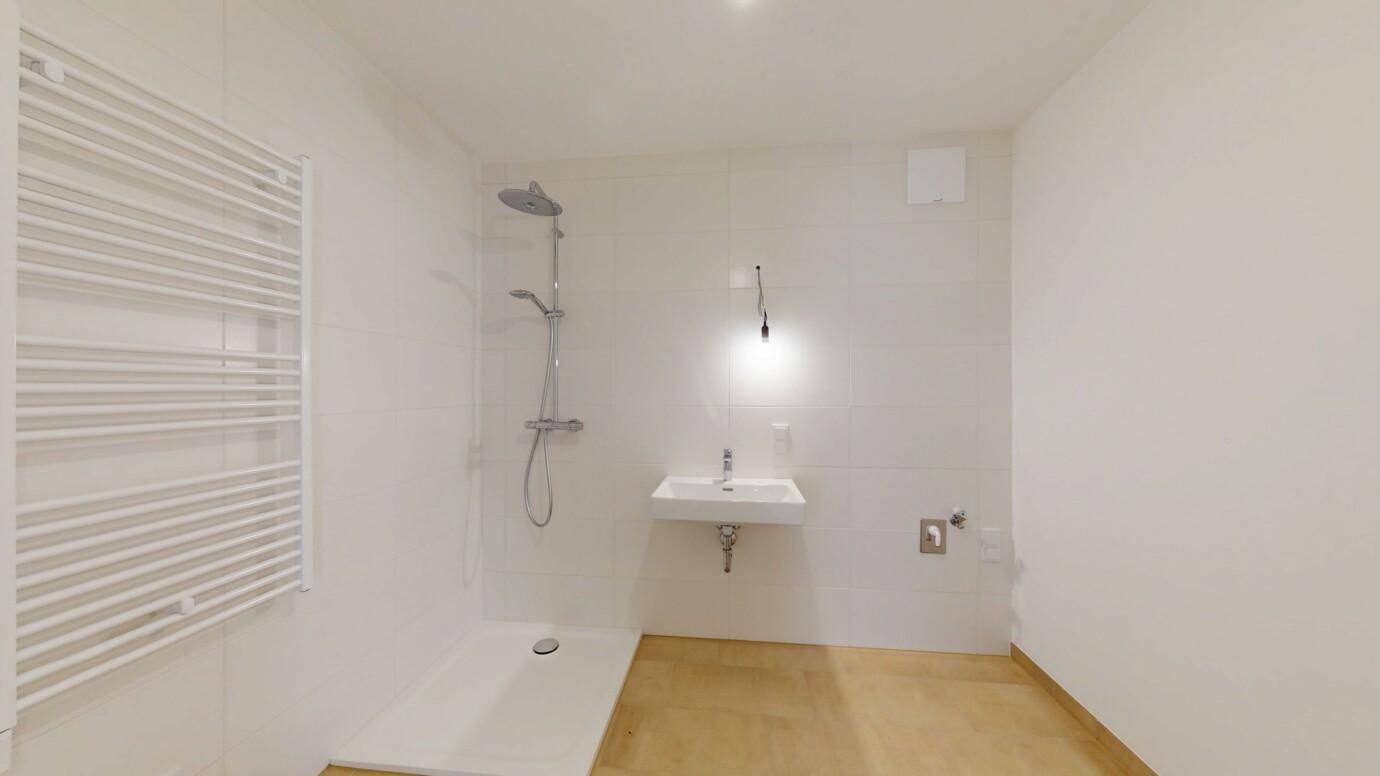 Modernes Badezimmer mit ebenerdiger Dusche, Waschbecken und beheiztem Handtuchhalter.