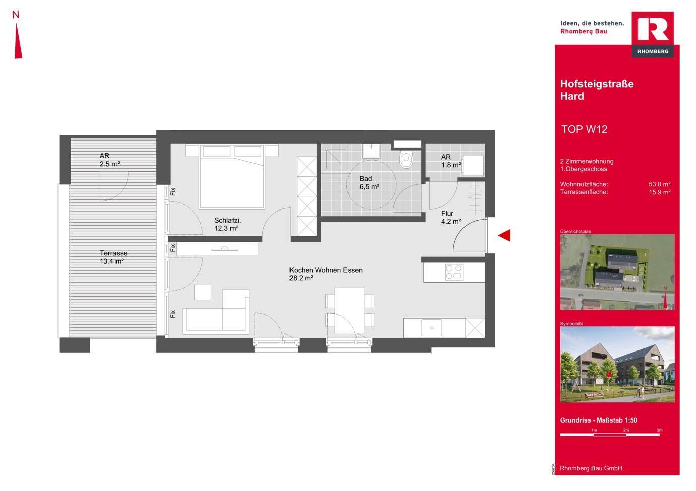 Grundriss einer Wohnung mit offenem Wohnbereich, Schlafzimmer und großer Terrasse.