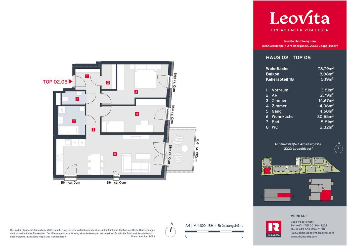 Grundriss der Wohnung TOP 02.05 mit Wohnküche, drei Zimmern und Balkon.