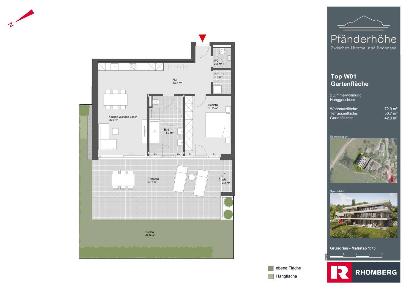 Detaillierter Grundriss einer 2-Zimmer-Wohnung mit Terrasse und Gartenfläche im Erdgeschoss.