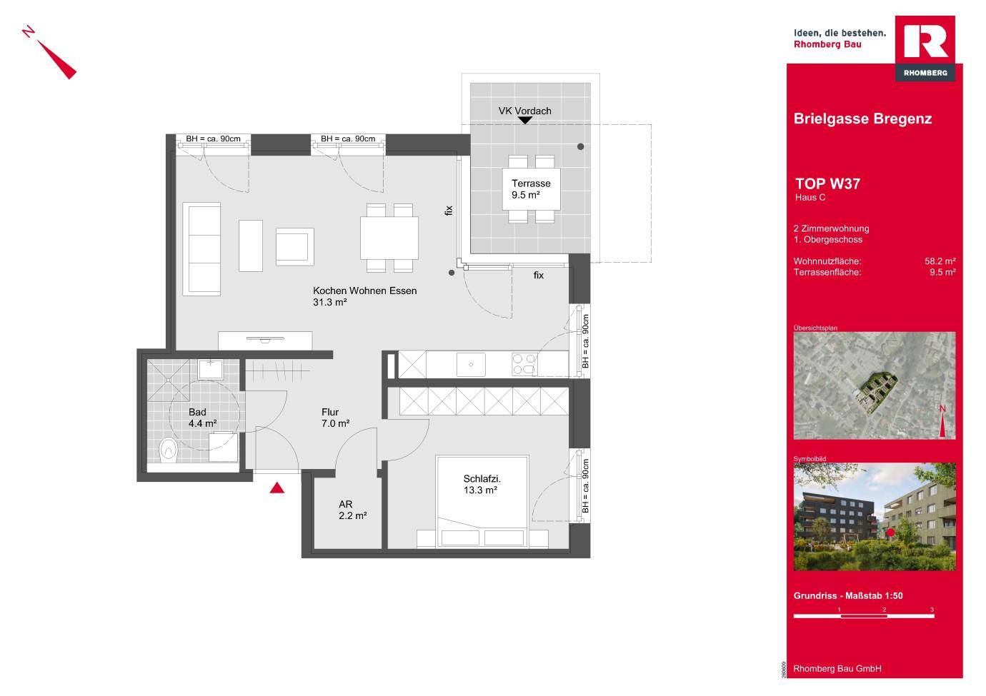 Grundriss einer 2-Zimmer-Wohnung mit offener Küche, Wohn-Essbereich, Schlafzimmer und Terrasse.