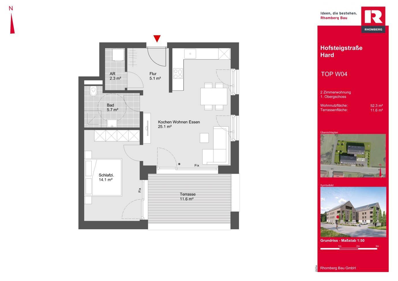 Grundriss einer 2-Zimmer-Wohnung mit offenem Wohnbereich, Schlafzimmer und großer Terrasse.