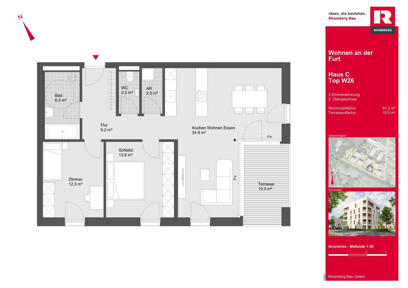 Grundriss einer modernen 3-Zimmer-Wohnung mit offenem Wohnbereich, separatem WC und einer großzügigen Terrasse.