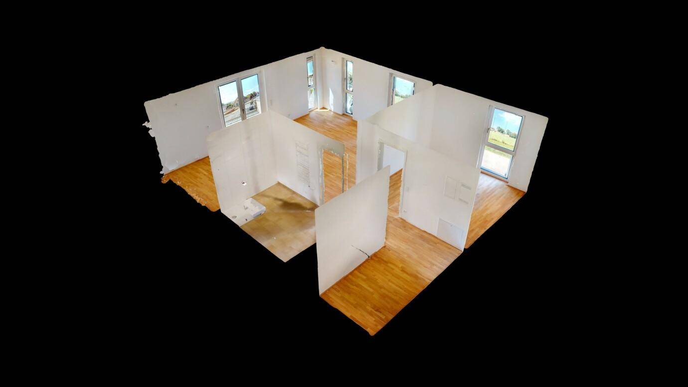3D-Ansicht eines Rohbaus mit Holzböden und weißen Wänden, die zukünftige Räume und Fenster zeigen (Arbeitergasse).