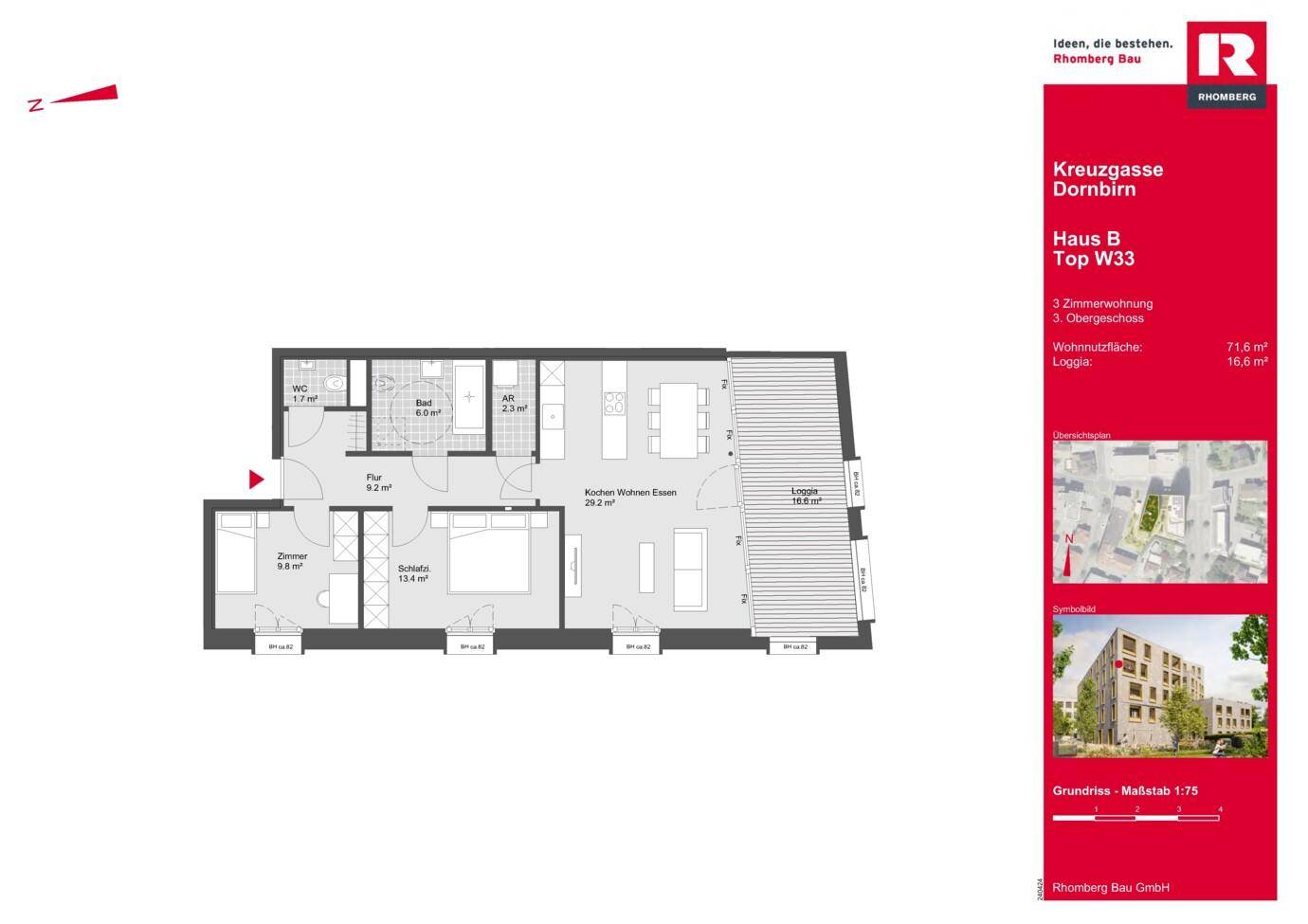 Grundriss einer 3-Zimmer-Wohnung mit offenem Wohnbereich, zwei Schlafzimmern und einer Loggia.