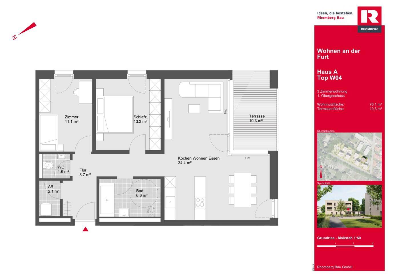 Detaillierter Grundriss einer 3-Zimmer-Wohnung mit offenem Wohnbereich, zwei Schlafzimmern und einer großzügigen Terrasse.