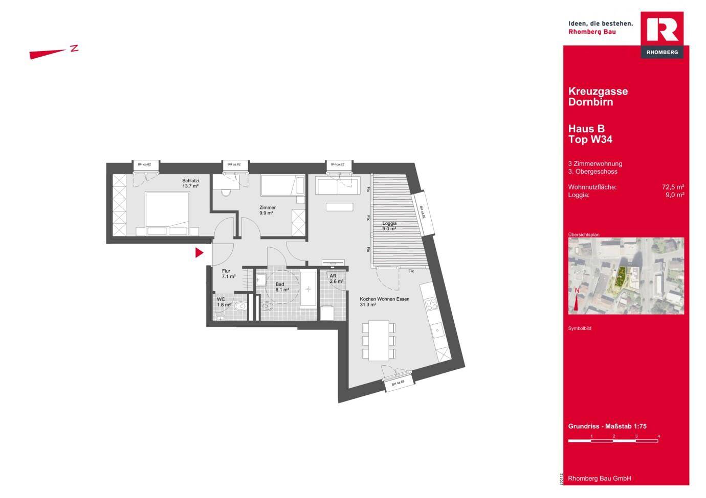 Grundriss einer 3-Zimmer-Wohnung mit offenem Wohnbereich, Loggia und separatem WC.