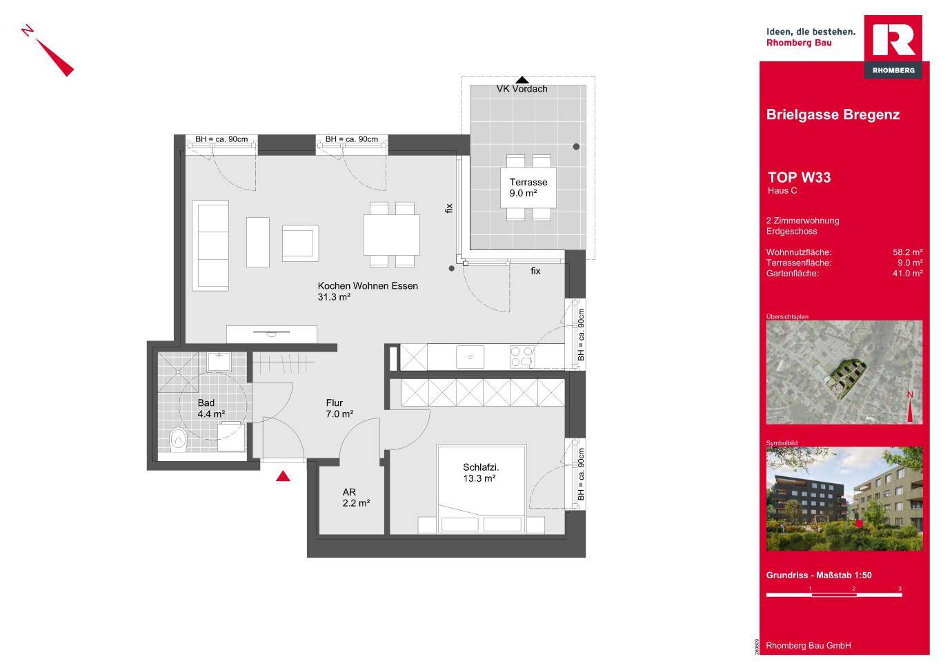 Grundriss einer 2-Zimmer-Wohnung im Erdgeschoss mit offener Küche, Wohnbereich und Terrasse.