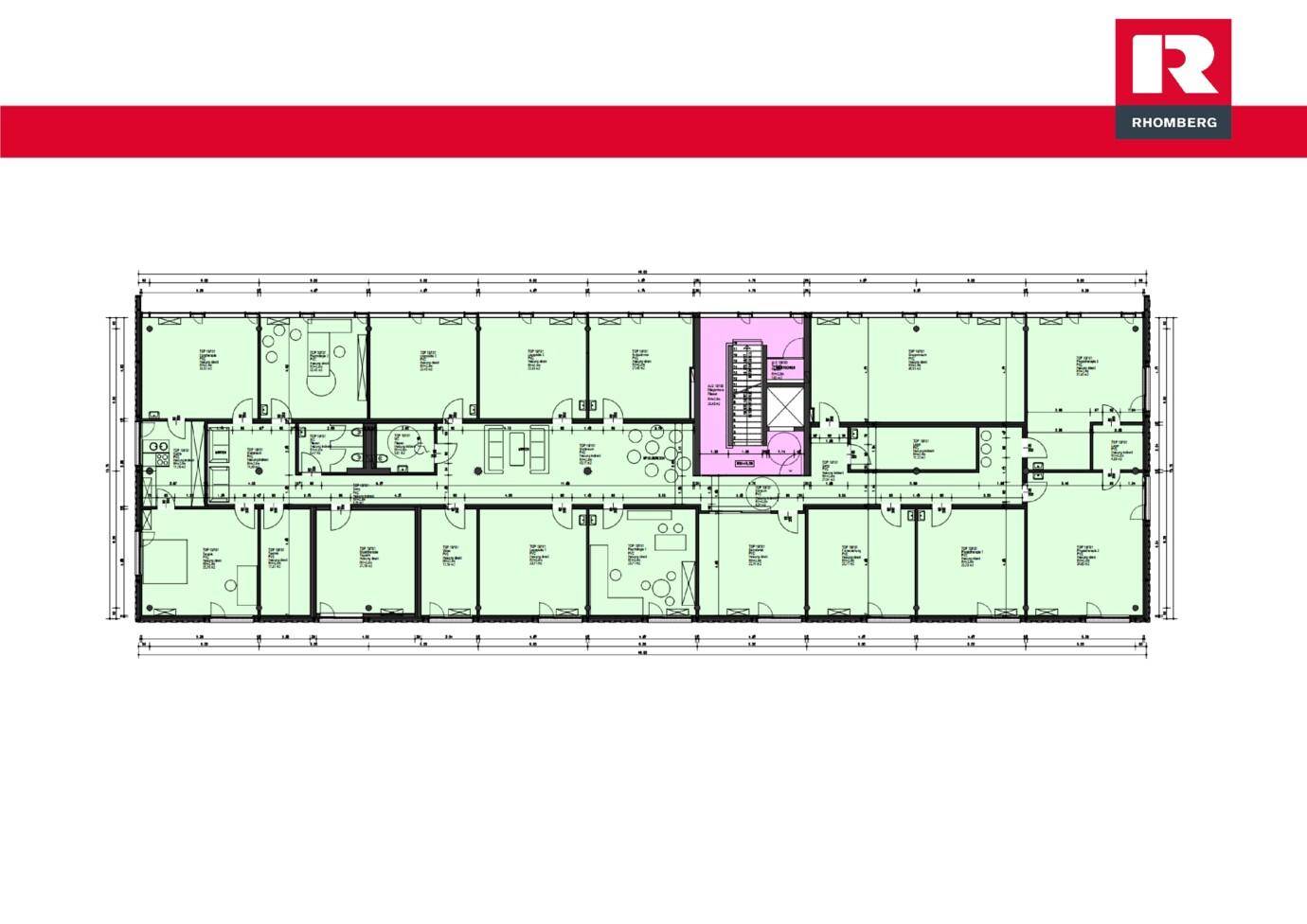 Detaillierter Grundriss eines Gebäudegeschosses mit mehreren Räumen und einem zentralen Treppenhaus.