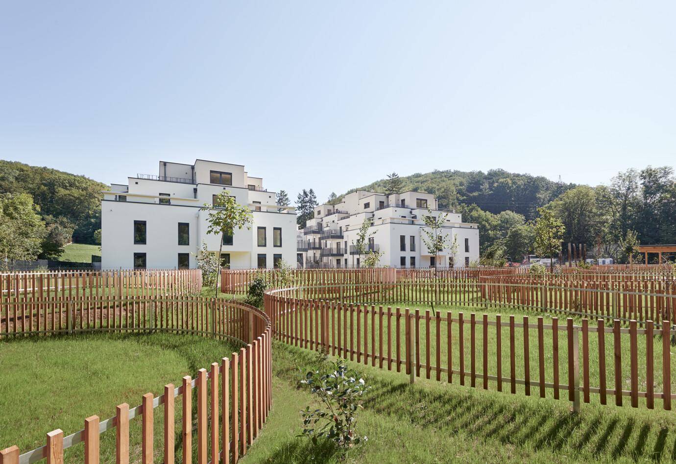 Moderne Wohngebäude umgeben von gepflegten Grünflächen mit Holzzäunen unter blauem Himmel.