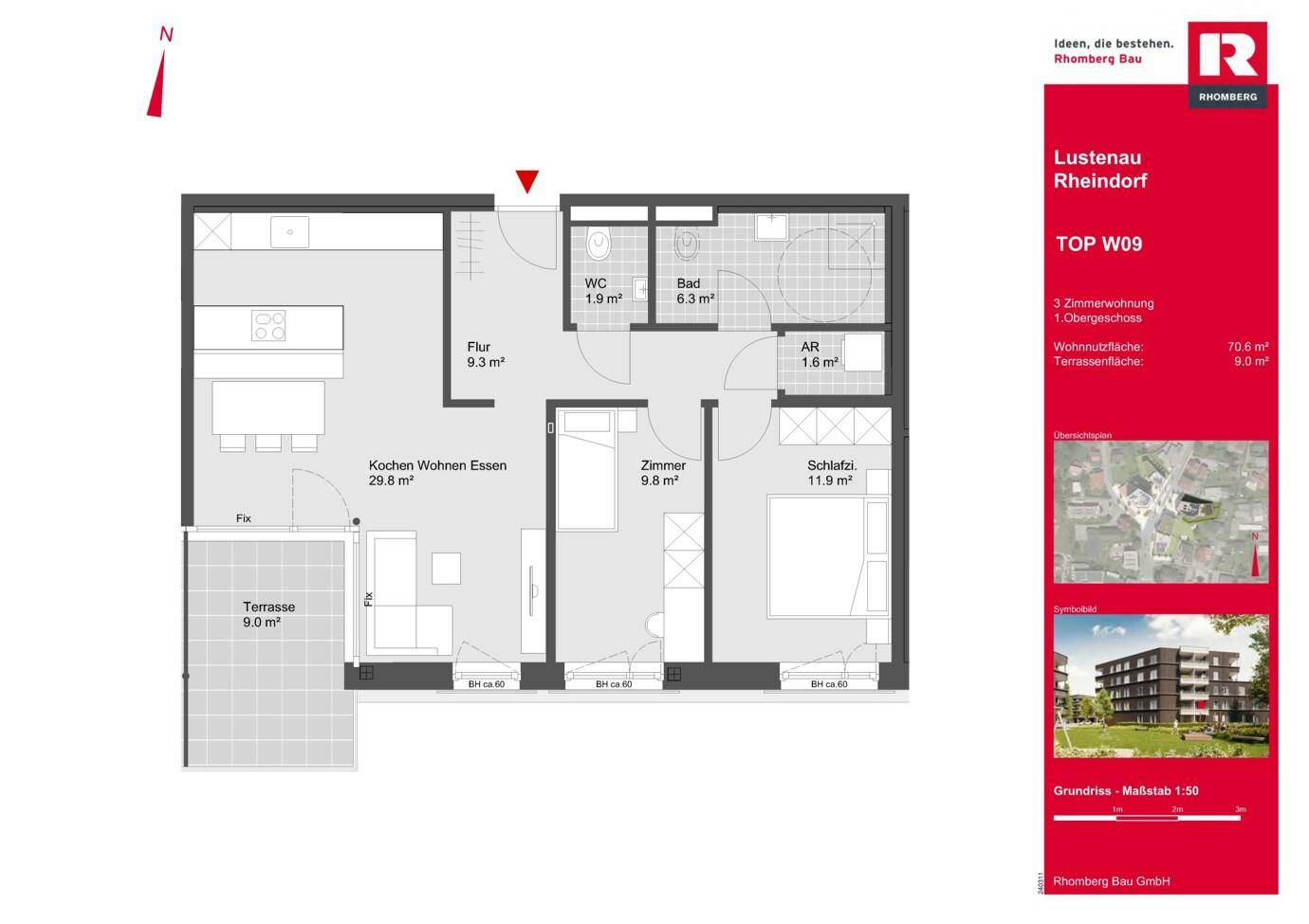 Grundriss einer 3-Zimmer-Wohnung mit offener Küche, Wohnbereich und großer Terrasse.