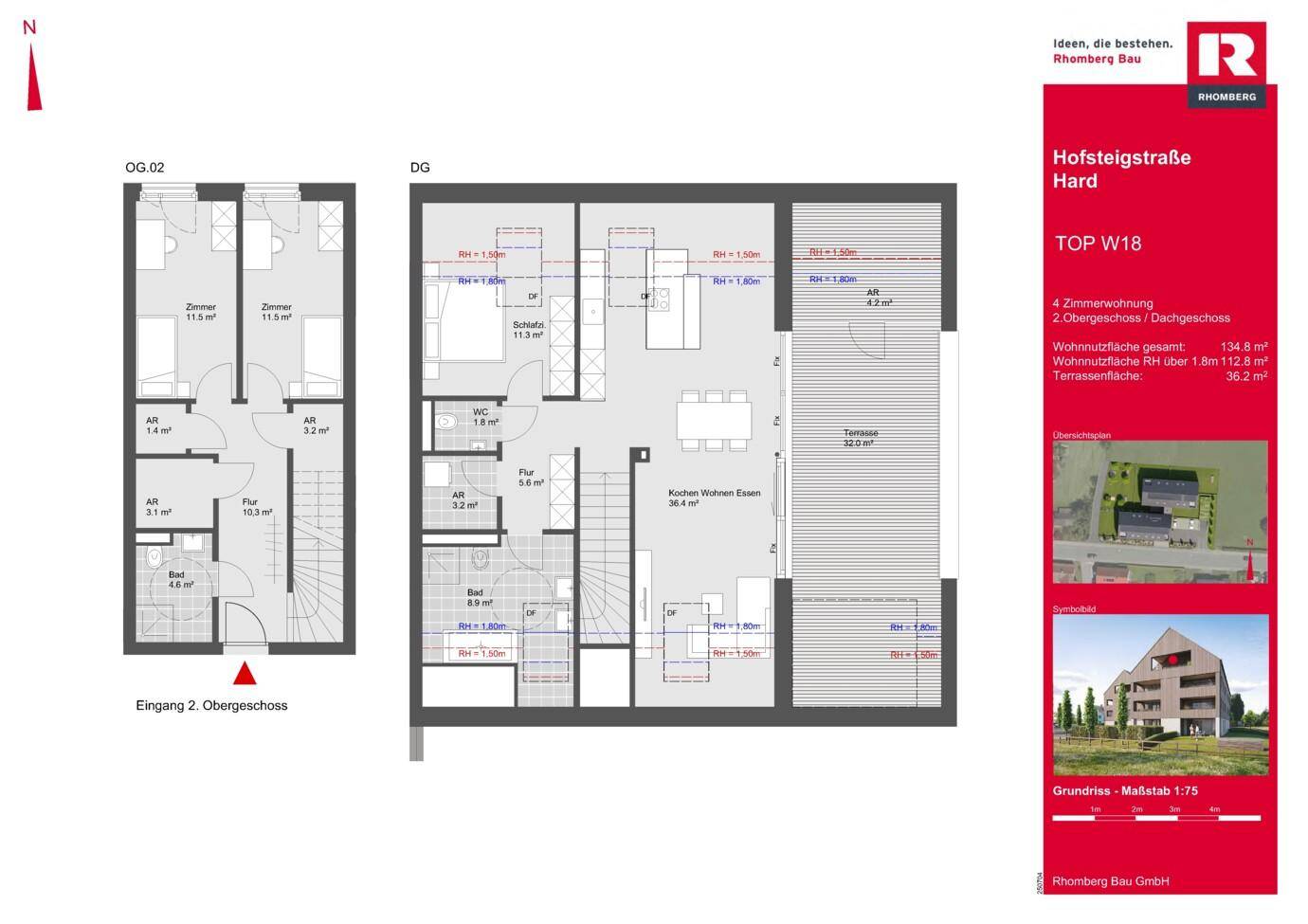 Grundriss einer Wohnung mit offenem Wohnbereich, mehreren Zimmern und großer Terrasse.