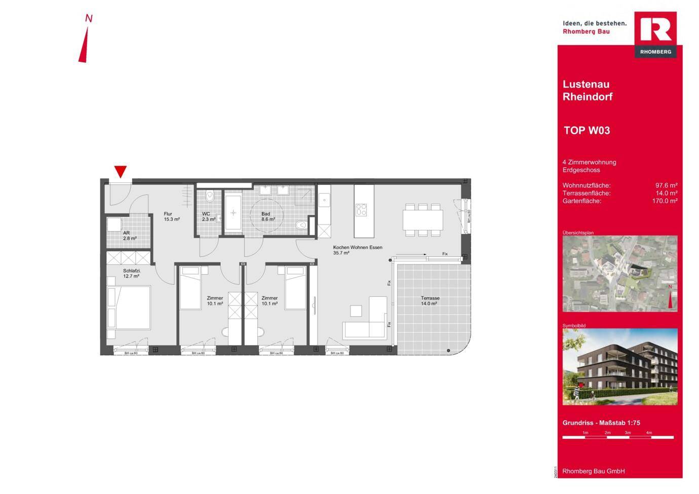 Grundriss einer 4-Zimmer-Wohnung im Erdgeschoss mit offenem Wohnbereich, Terrasse und Garten.