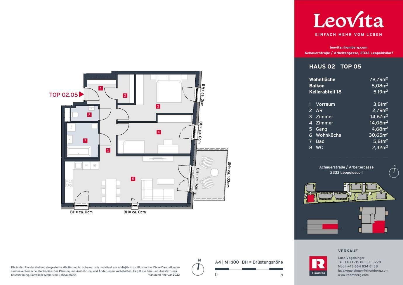Grundriss der Wohnung TOP 02.05 mit Wohnküche, drei Zimmern und Balkon.